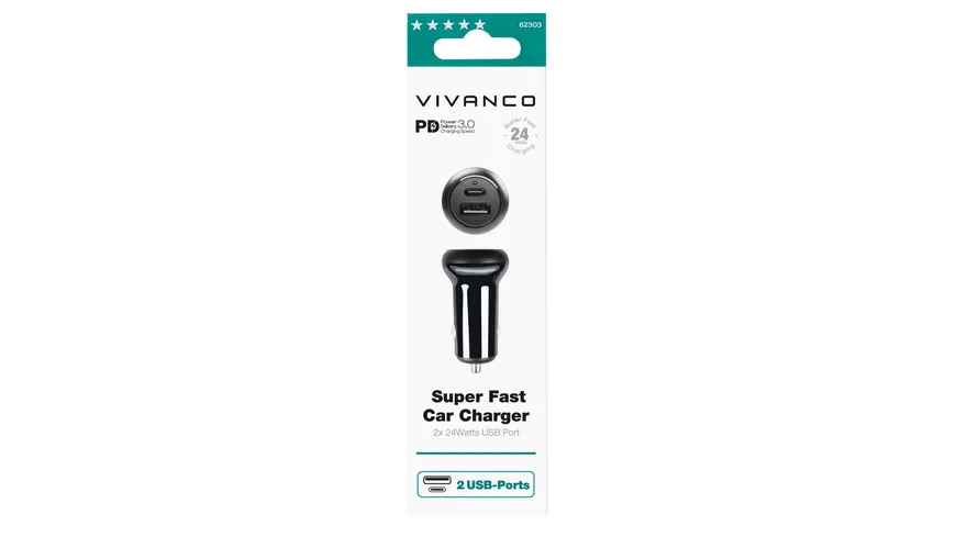 Vivanco Super Fast Car Charger, Power Delivery 3.0, 2 USB Ports, Dual Kfz Schnellladegerät 2x 24W