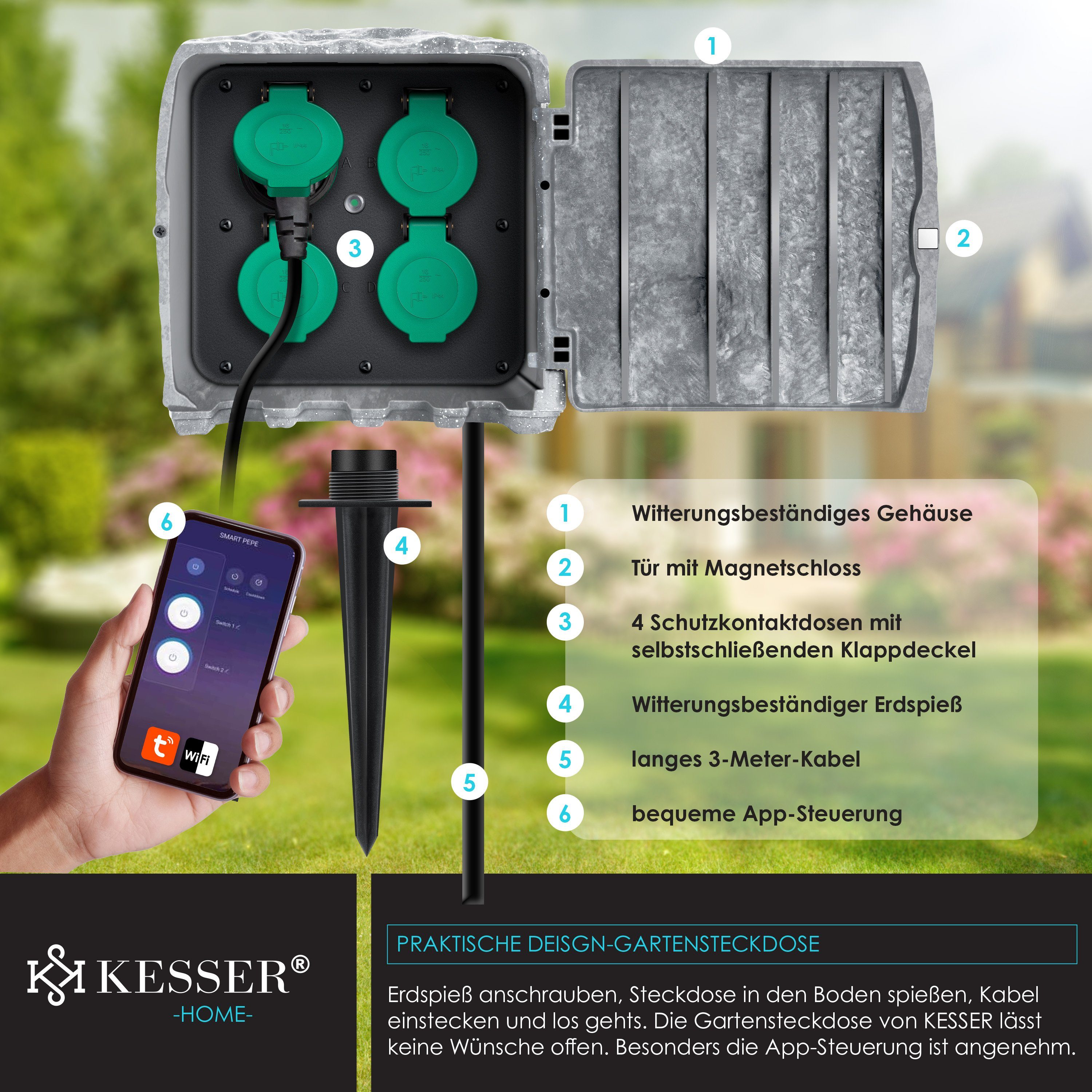 KESSER Gartensteckdose, Gartensteckdose Steinoptik mit Steckplätzen mit WiFi Fun