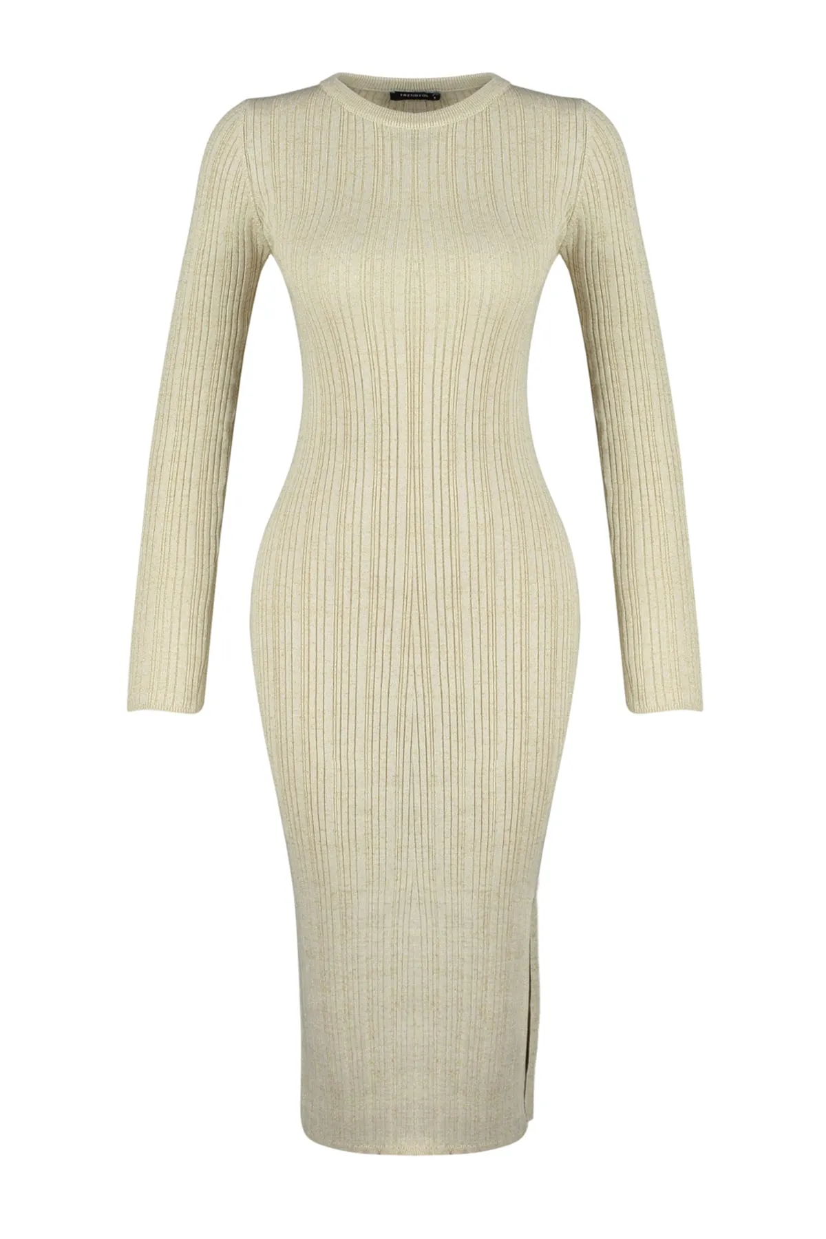Trendyol Collection  Beigefarbenes Midikleid aus glitzerndem Strick TWOAW24EL00047