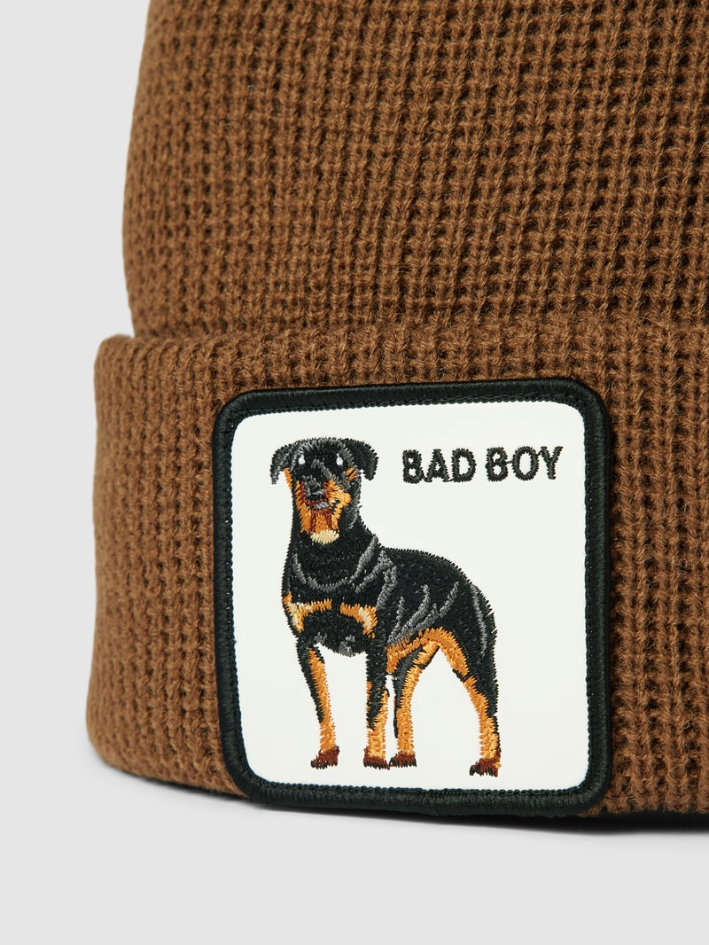 Strickmütze mit Motiv-Patch Modell 'Ruff Stuff' in dunkelbraun