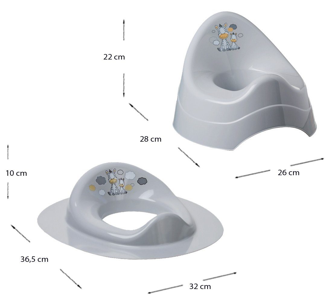 Maltex Babybadewanne 5 Teile SET - Zebra Grau - - Badeset Baby Wanne 84 cm, (Premium.set 5 tlg), = WANNE + BADESITZ + TÖPFCHEN + WC AUFSATZ + WINDELEIMER