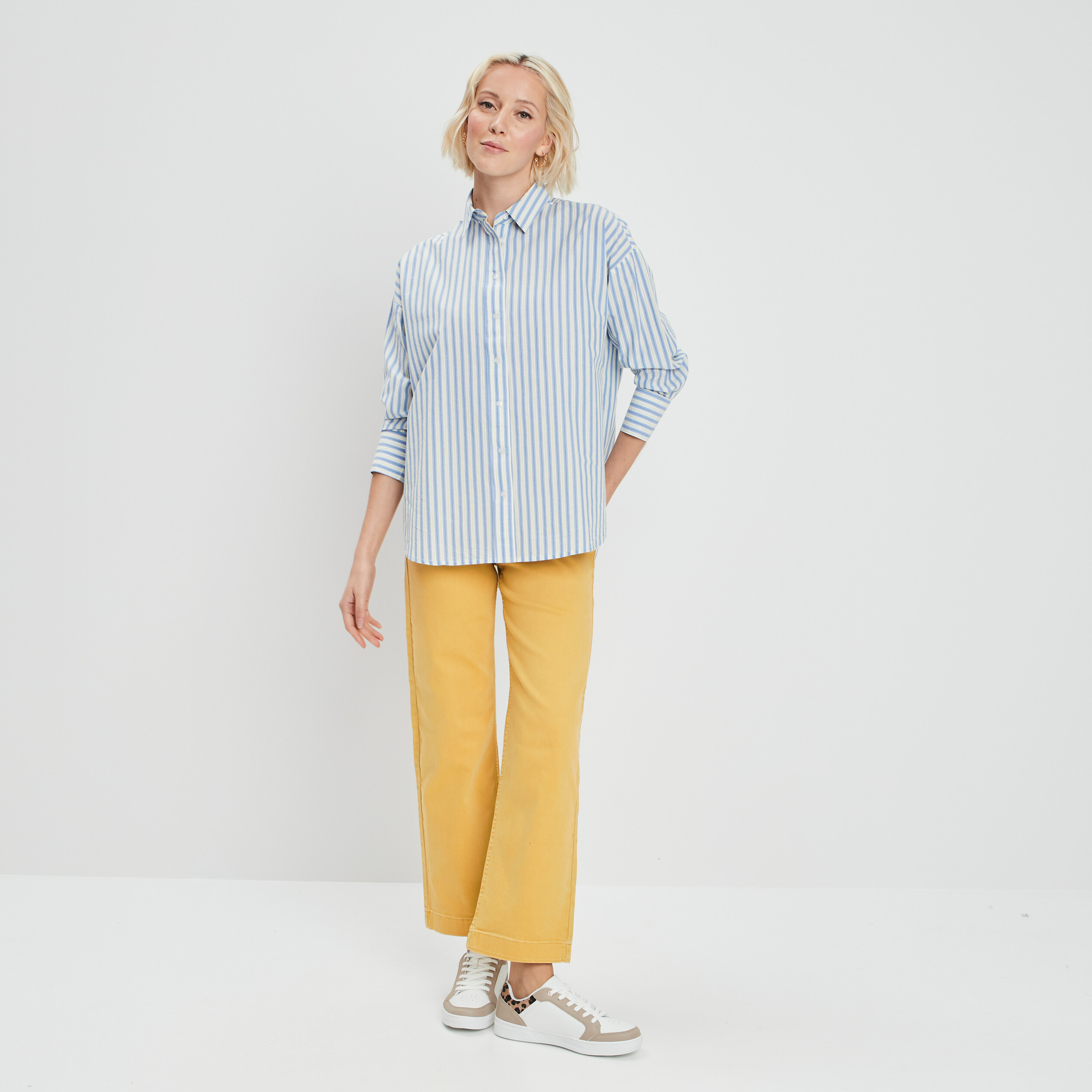 Pantalon jambe large 7 8ème boutonné jaune moutarde femme | La Halle