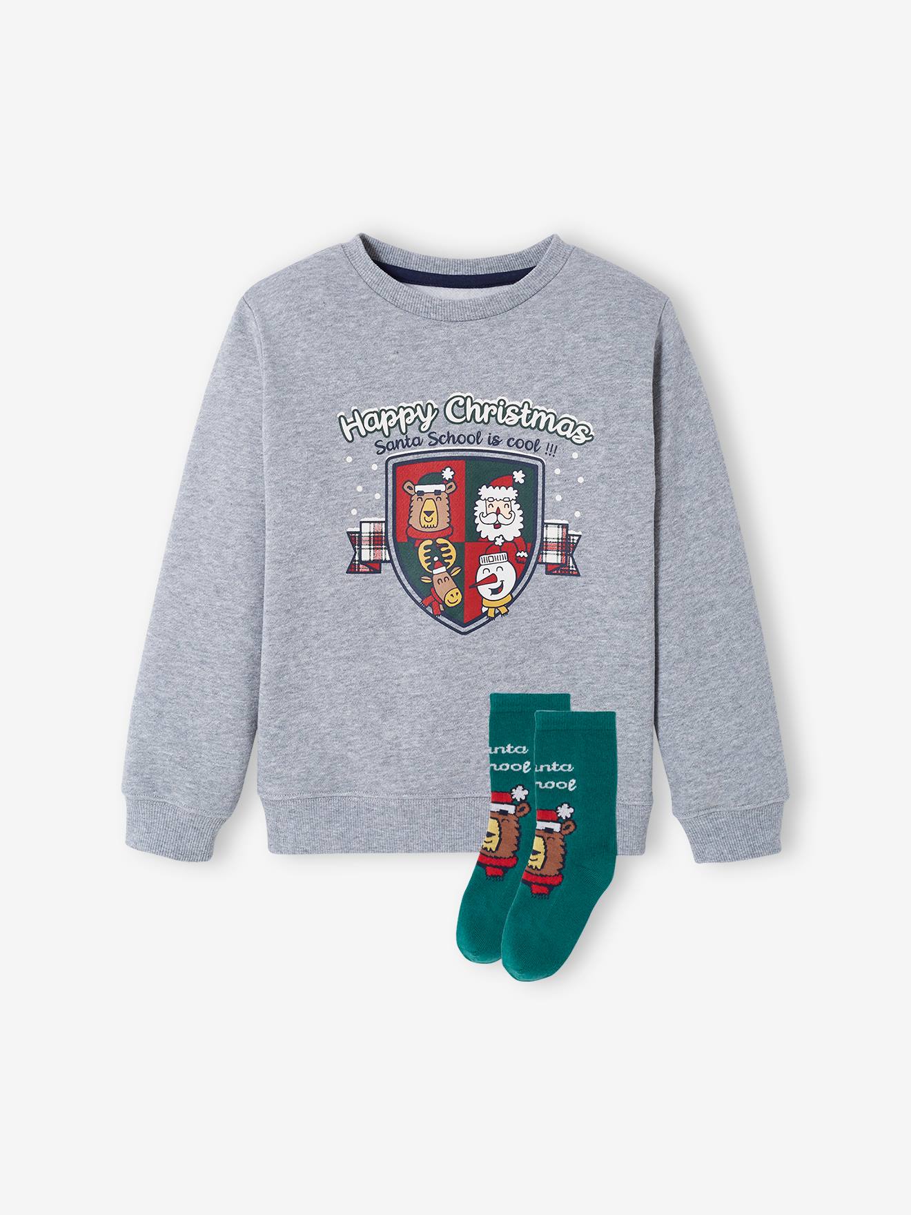 Coffret noël sweat blason et chaussettes garçon gris chiné