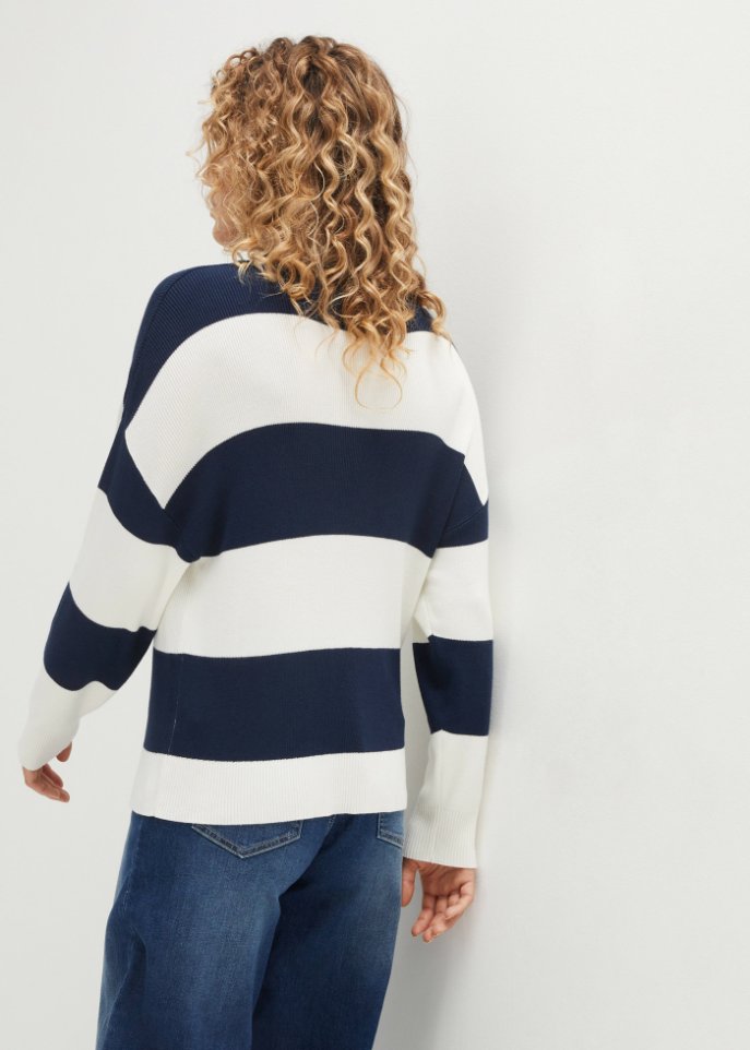 Rundhals-Feinstrickpullover mit Blockstreifen