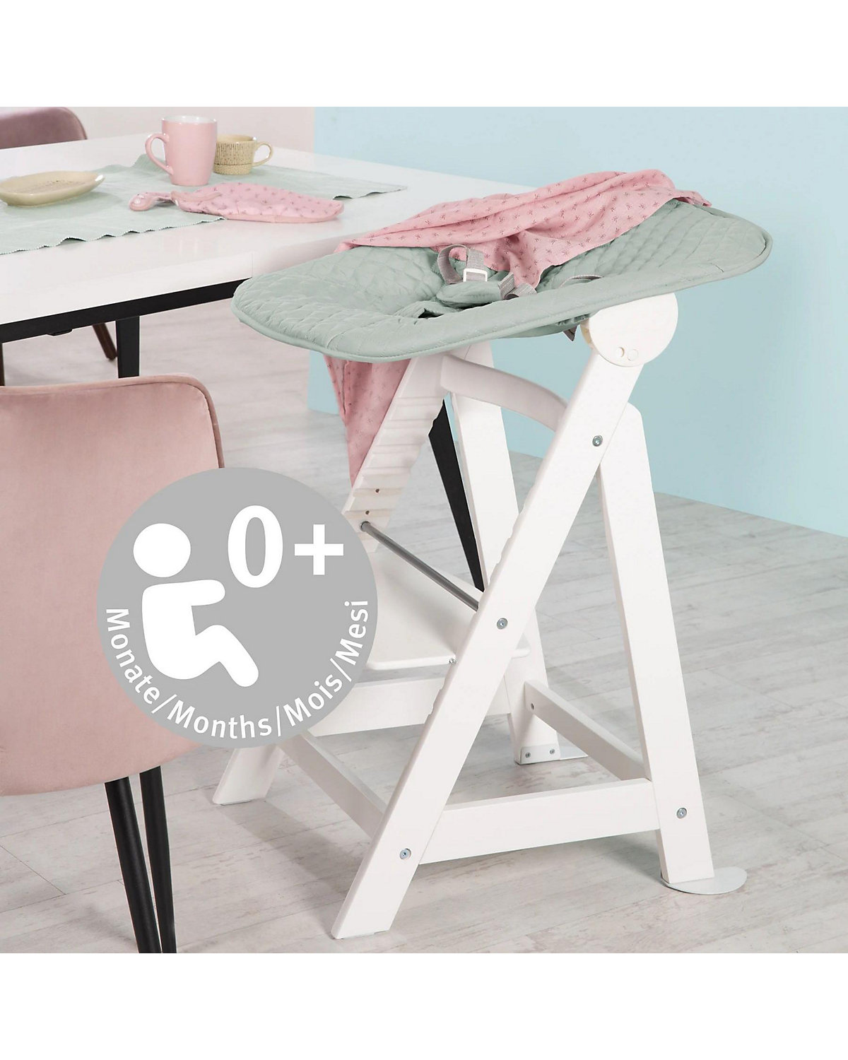 Treppenhochstuhl 'Born Up' Set 2in1, weiß, mit Liegefunktion/ -aufsatz 'roba Style' frosty green