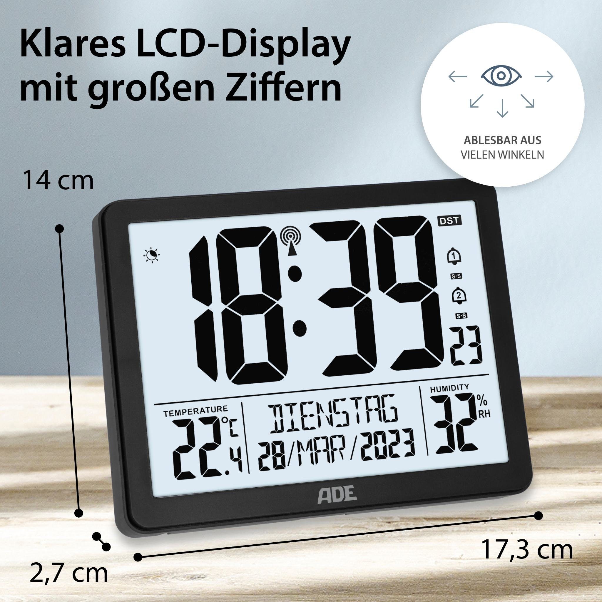 ADE Funktischuhr Digitale Tischuhr Wecker mit Thermometer und Hygrometer 2 Weckzeiten, ausgeschriebener Wochentag, zum Hängen oder Stellen