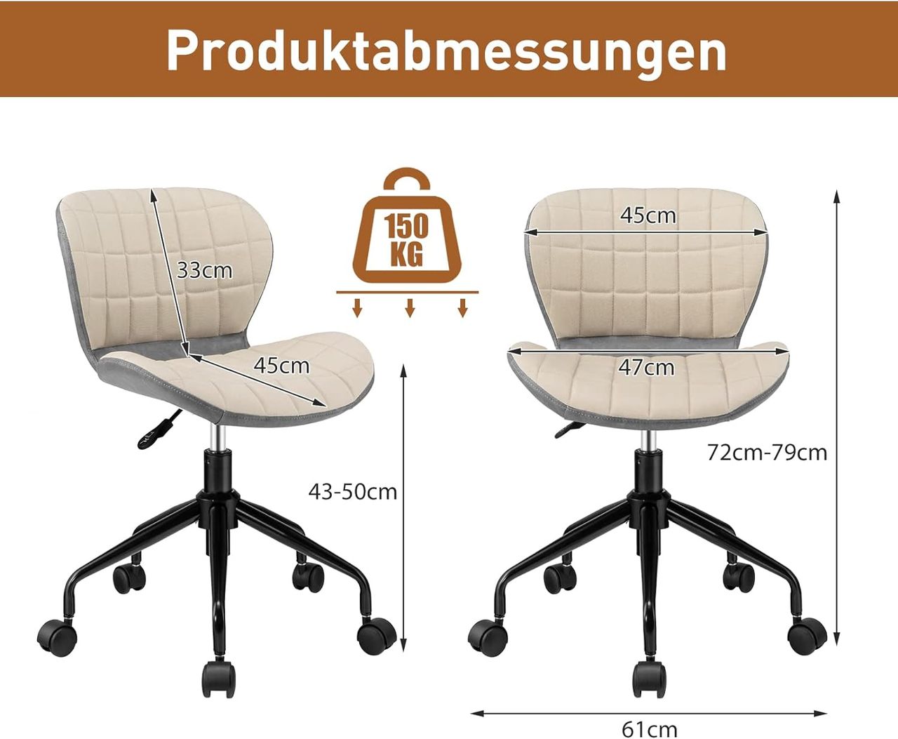 Costway Bürostuhl, Schreibtischstuhl ohne Armlehnen