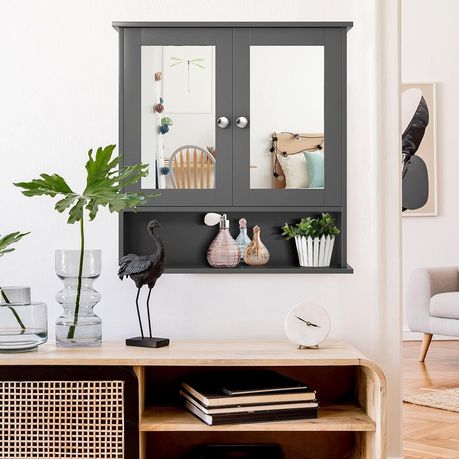 KOMFOTTEU Spiegelschrank Badezimmerspiegelschrank Wandschrank hängend, 56 x 13 x 58 cm