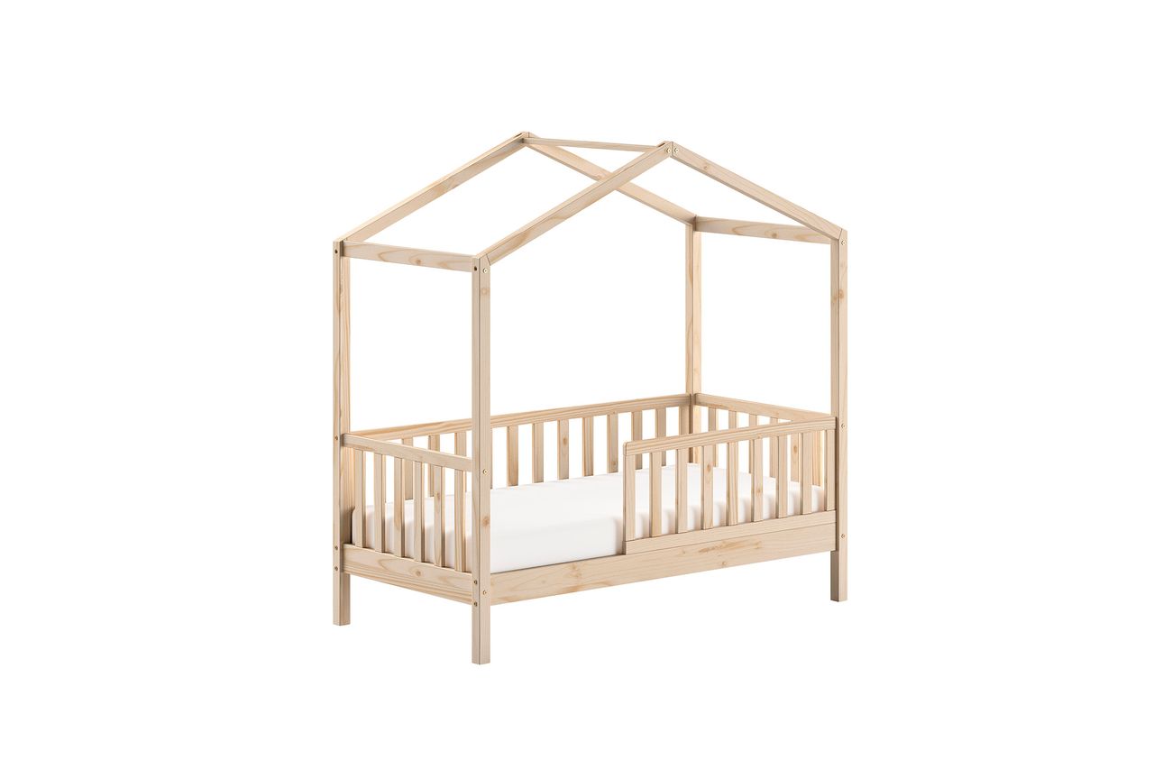 VIPACK Vipack - Junior Hausbett mit seitlicher Umrandung 70x140cm, m. Rolllattenrost Kiefer massiv Natur