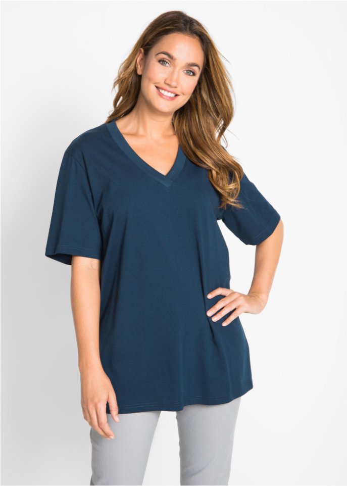 Weites Long-Shirt mit V-Ausschnitt, Kurzarm (5er Pack)