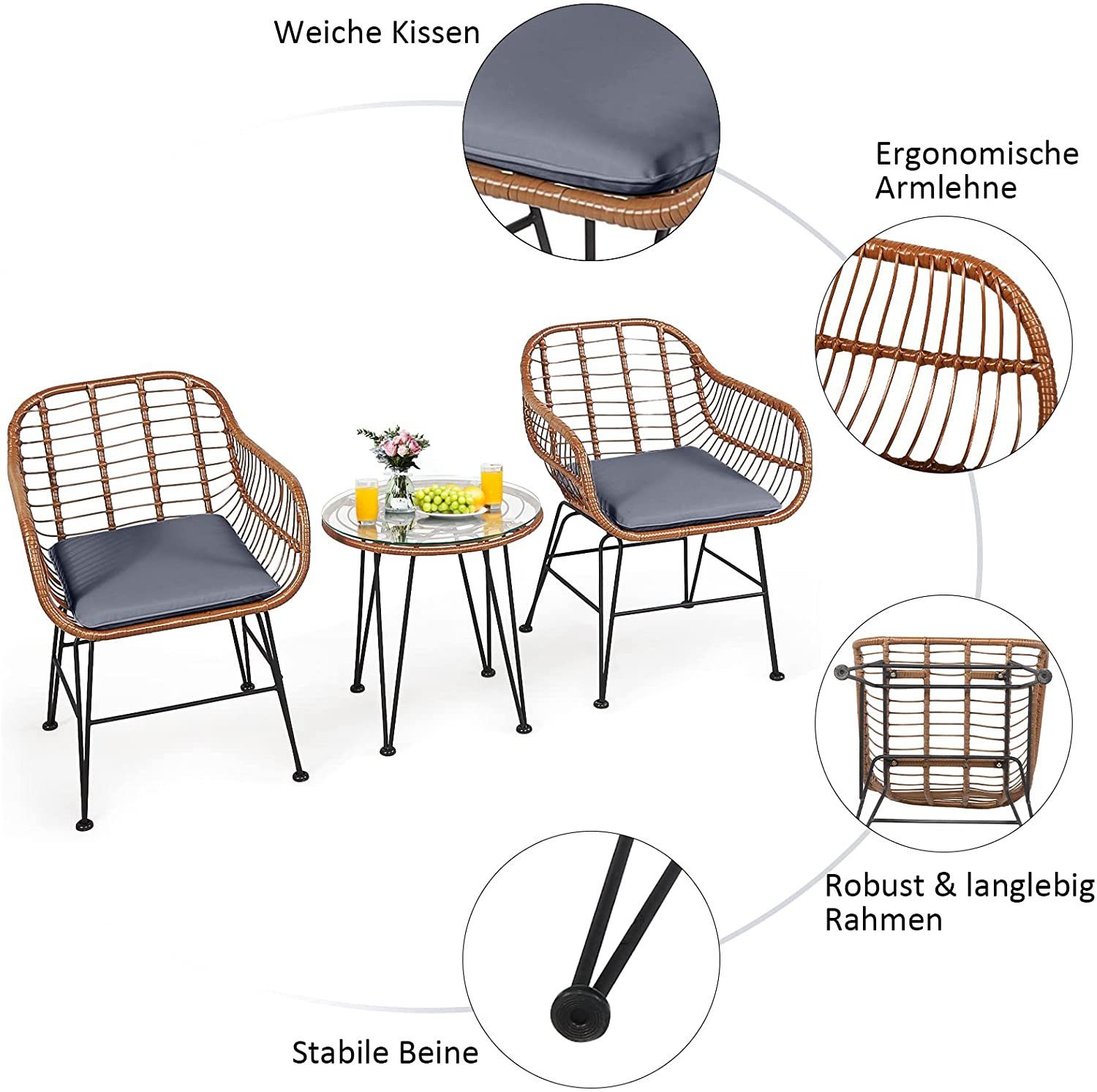 KOMFOTTEU Bistrostuhl 3-teiliges Gartenmöbel-Set, mit 2 Korbsesseln
