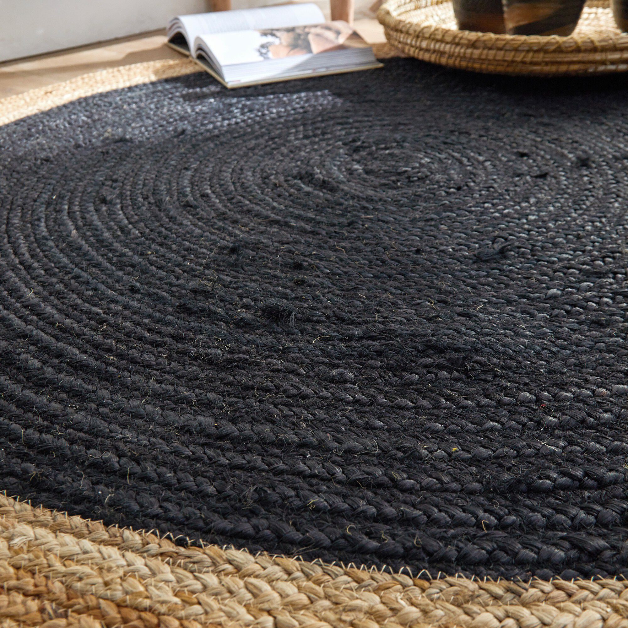 Tapis rond jute bicolore noir et naturel