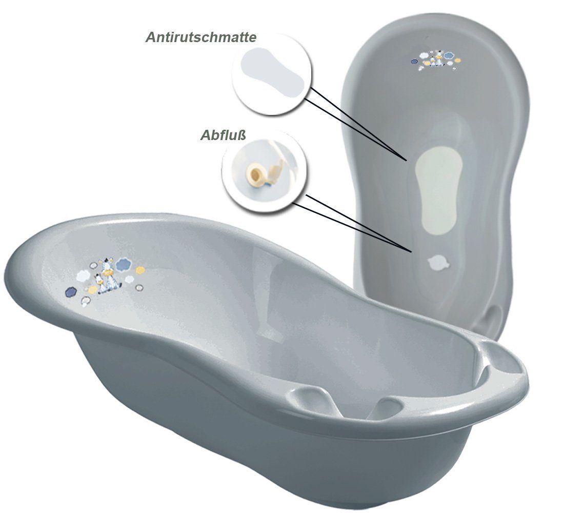 Maltex Babybadewanne 5 Teile SET + Ständer Grau - Zebra Grau -- Badeset Baby Wanne 84 cm, (Premium.set 5 tlg + Ständer), = WANNE + SITZ + TÖPFCHEN + WC AUFSATZ + EIMER + STÄNDER