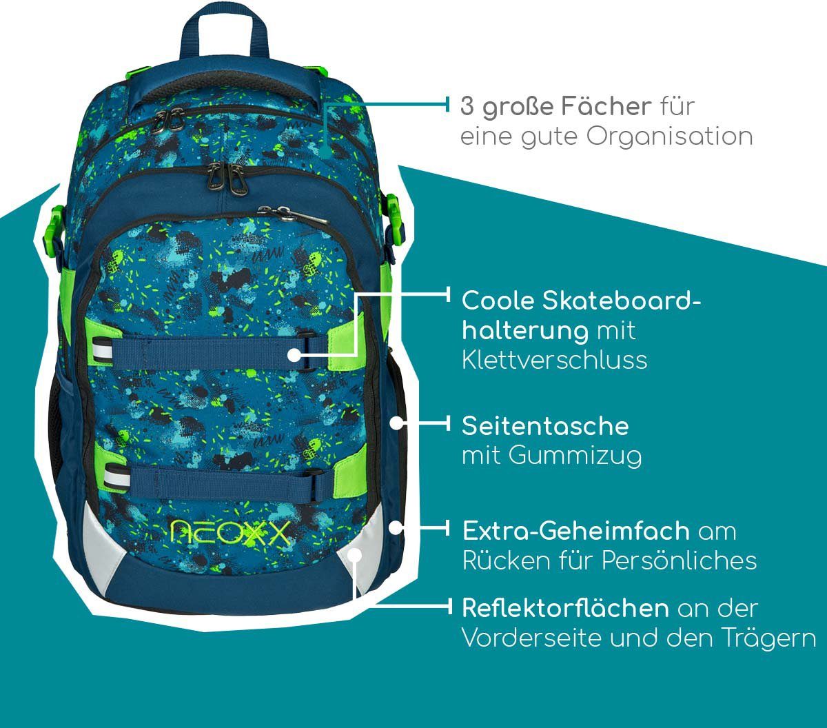 neoxx Schulrucksack Active, Petrol Extrem, aus recycelten PET-Flaschen