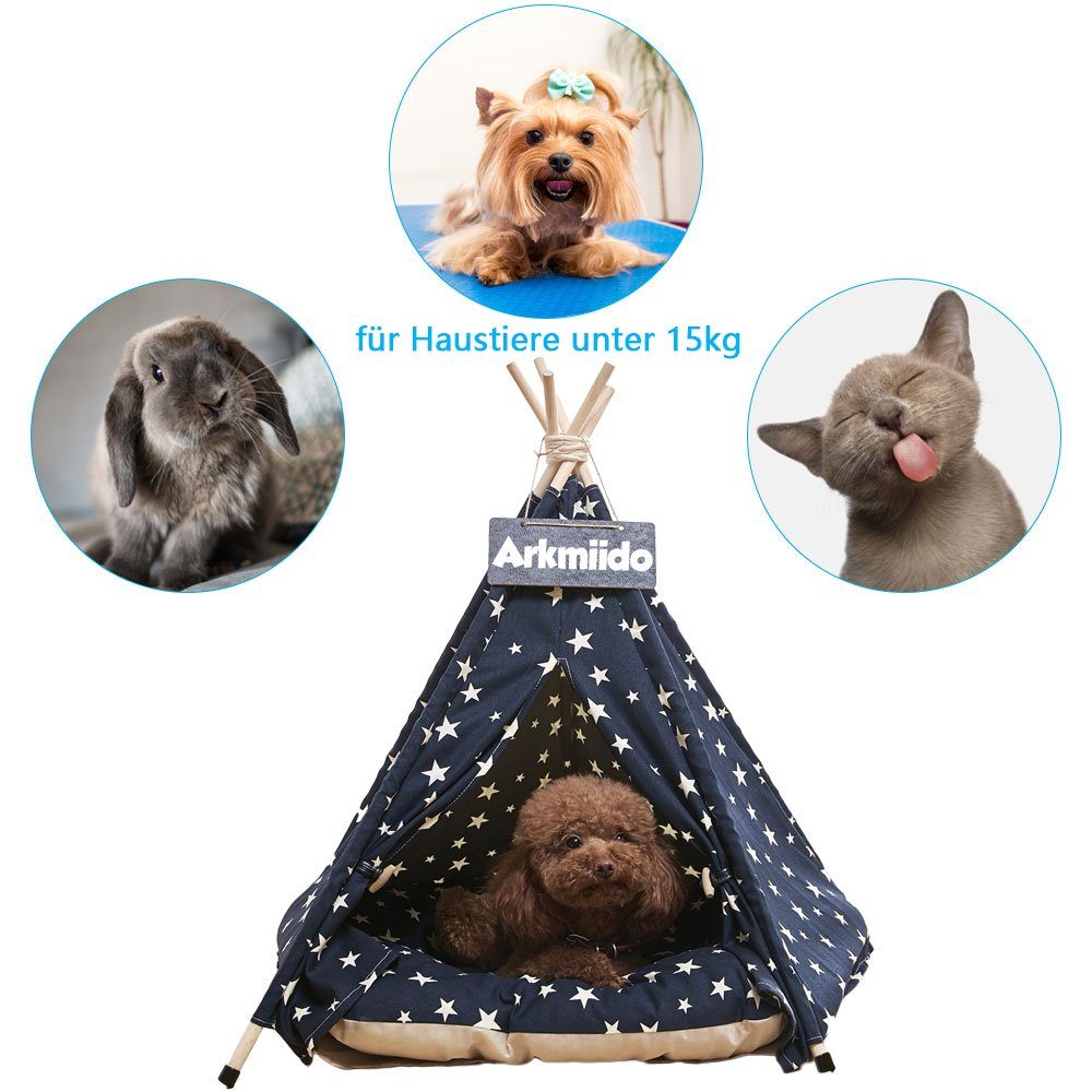 Wenta Tierbett Tipi Zelt für Haustiere, Hundezelt, Katzenzelt mit Kissen, Haustierzelte für Hunde und Katzen Größe (50 x 50 x 60 cm)