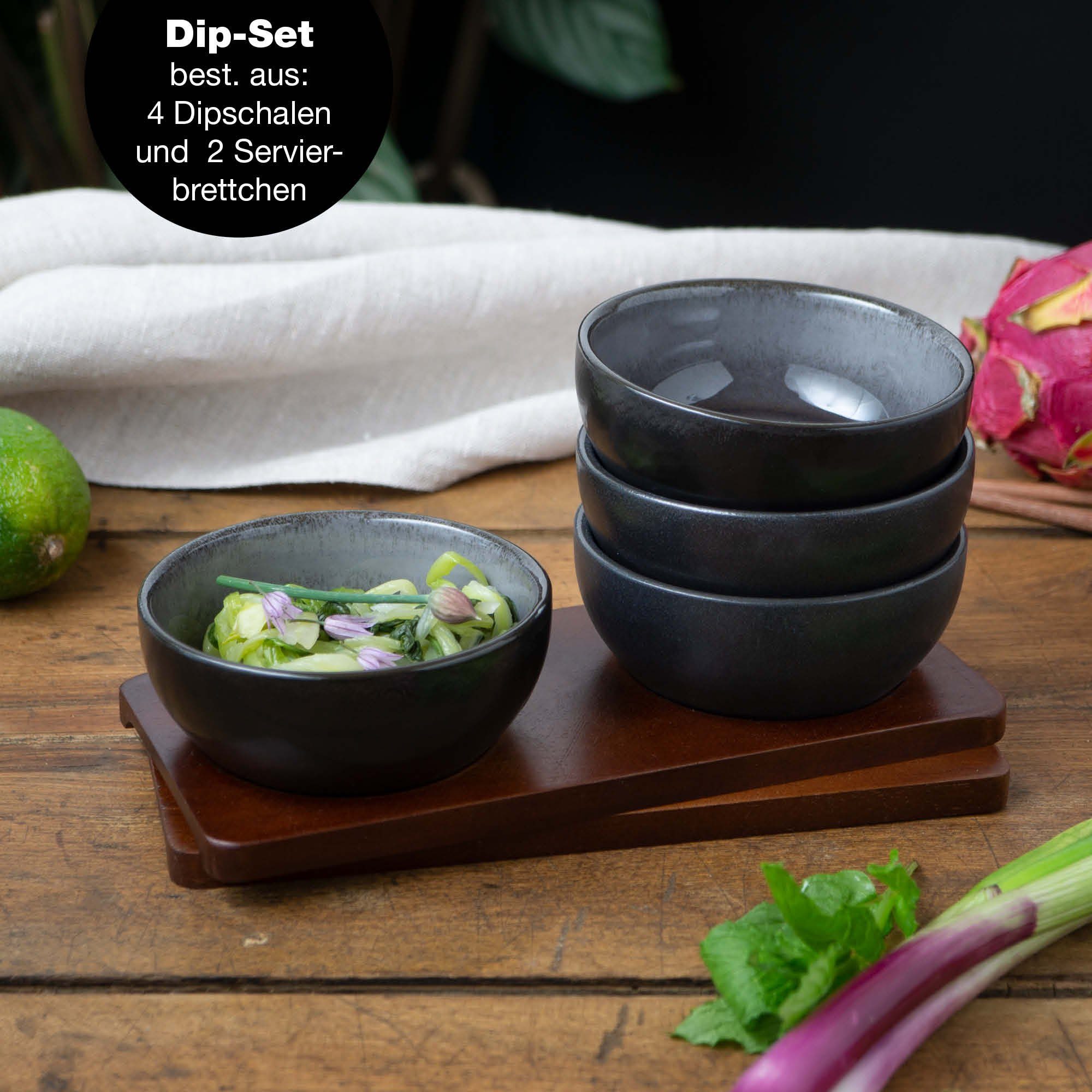 Moritz & Moritz Dipschale 6tlg Dip Schalen Set mit Brett, Porzellan, Sandelholz, (Set, 6-tlg, 6-tlg), 10cm Ø für Snacks, Dessert, Dips und Saucen