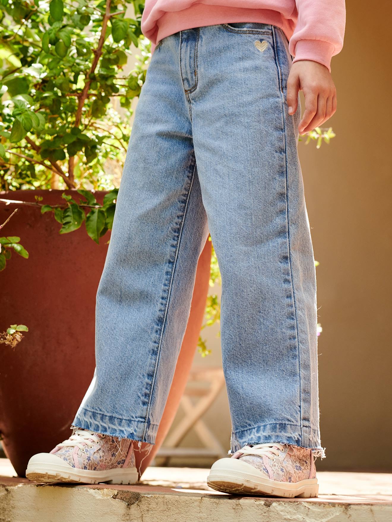 Jean large fille bas effiloché denim bleached