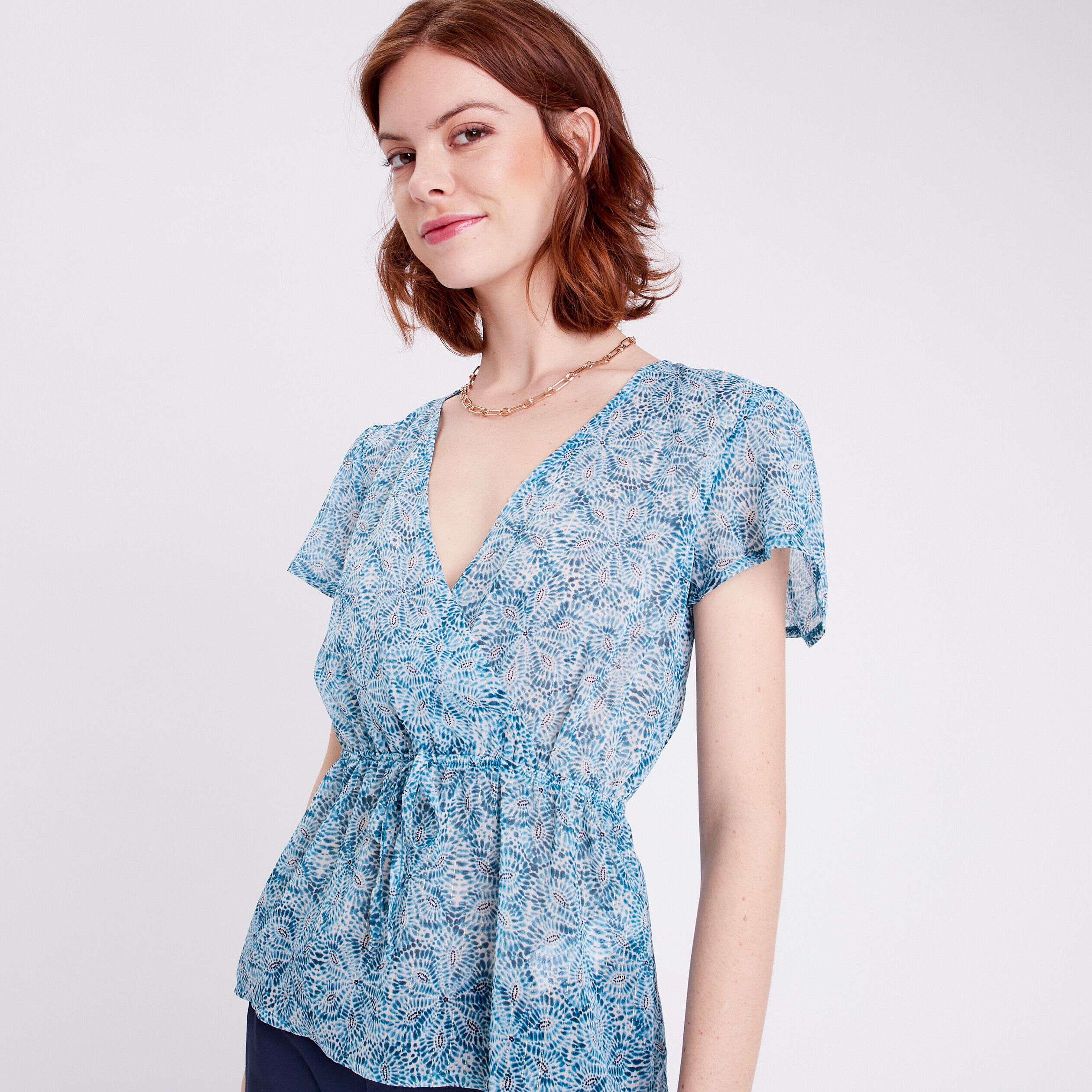 Blouse cintrée col cache-coeur bleu femme | Cache Cache