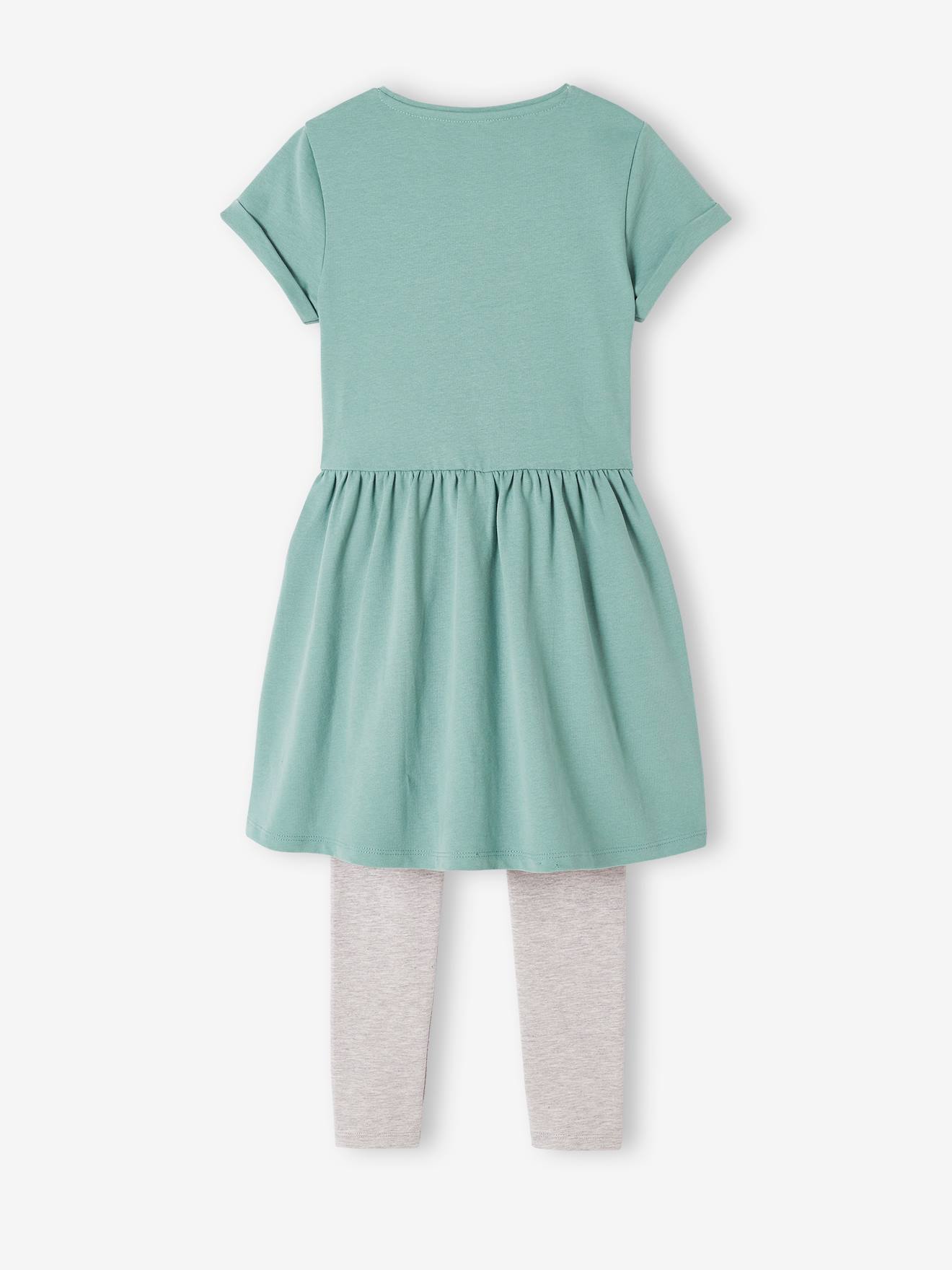 Ensemble 2 pièces robe et legging fille détails irisés vert émeraude