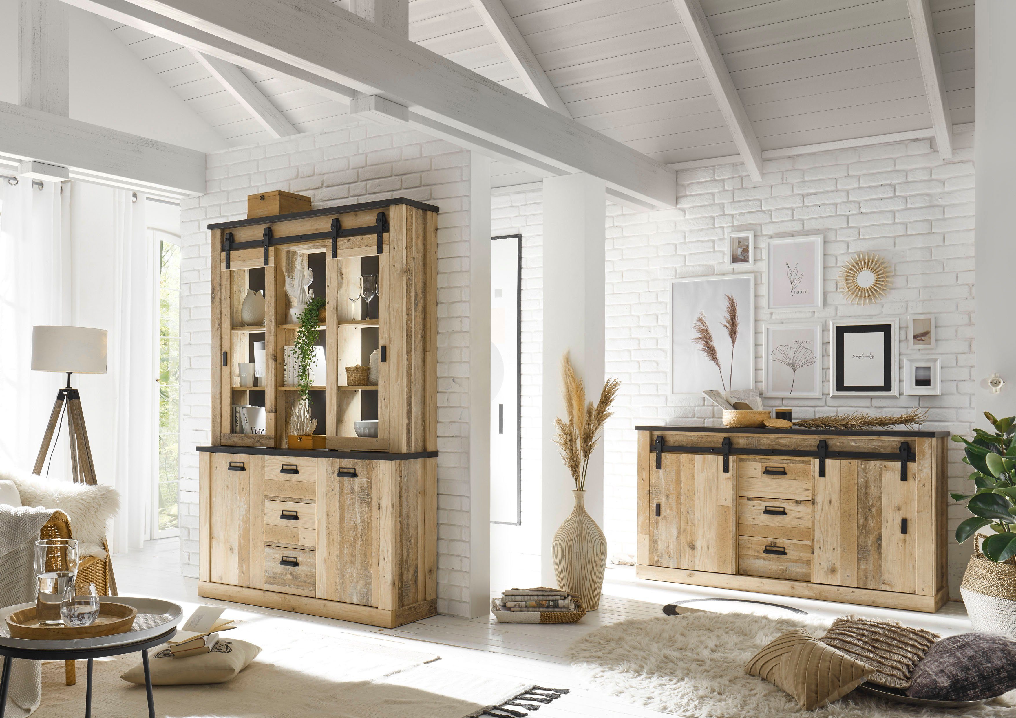 Home affaire Buffet SHERWOOD Holz Dekor, mit Scheunentorbeschlag und Apothekergriffen, Breite 133cm