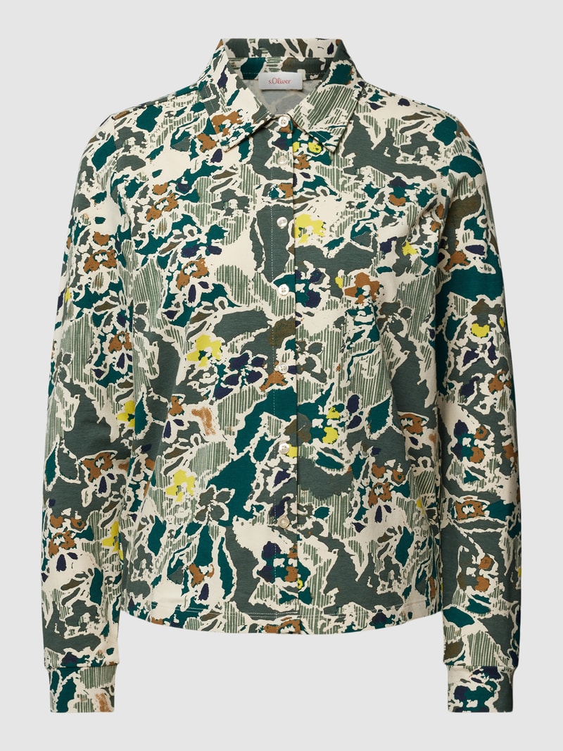 Blusenshirt mit Allover-Muster und Umlegekragen in dunkelgrün