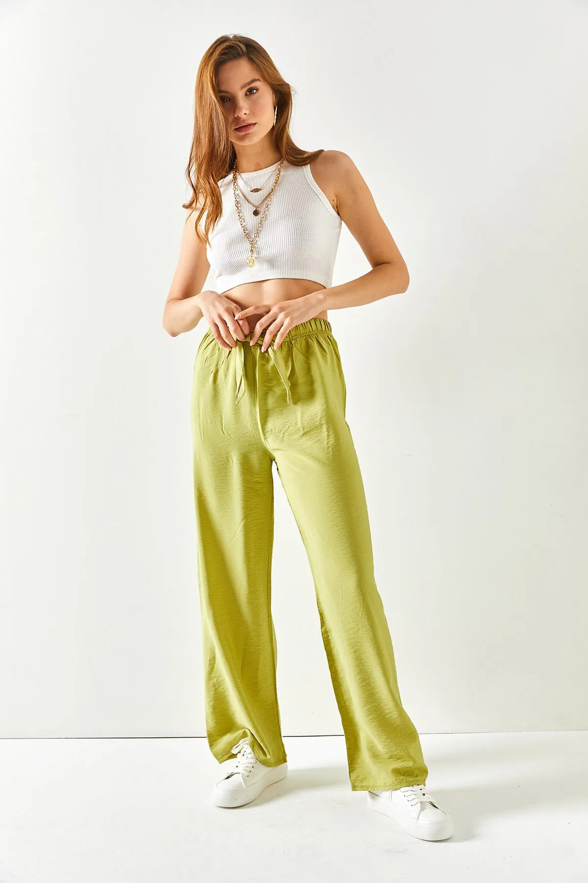 Olalook  Pistaziengrüne Palazzo-Ayrobin-Hose mit Gürtel und elastischem Bund für Damen PNT-19000200