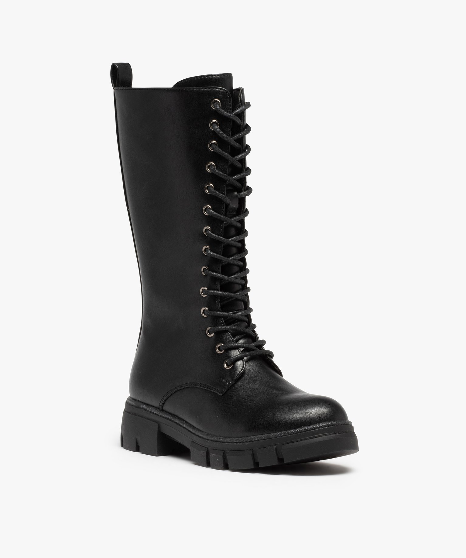 Bottes fille unies à semelle crantée fermeture lacets et zip noir | GEMO