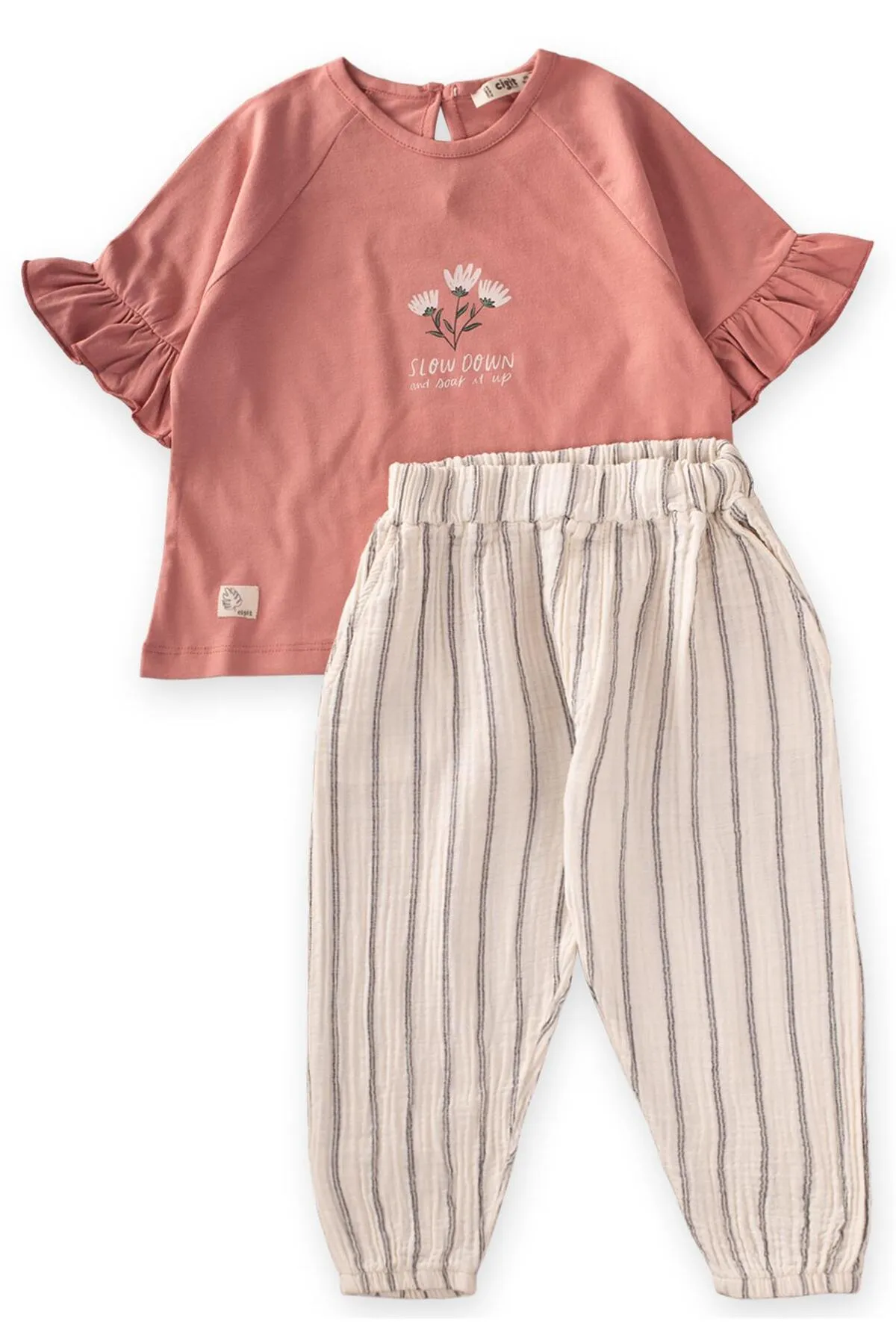 Cigit  Slow Down gestreiftes Musselin-Hosenset mit Blumenmuster, 2–7 Jahre, Ziegelstein