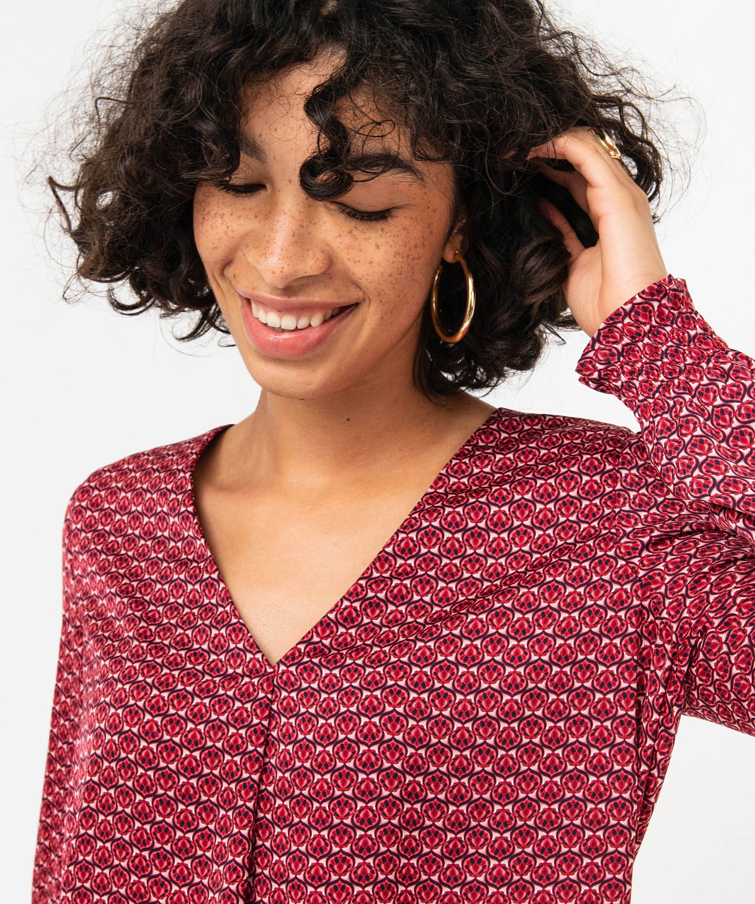 Blouse imprimée à manches longues avec col V femme imprime | GEMO
