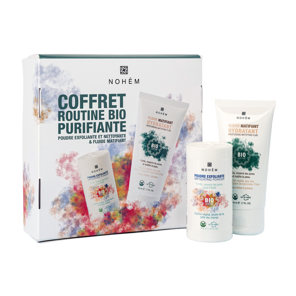 nohèm Coffret purifiant ayurvédique (fluide +poudre exfoliante et nettoyante) Coffret routine Bio purifiante