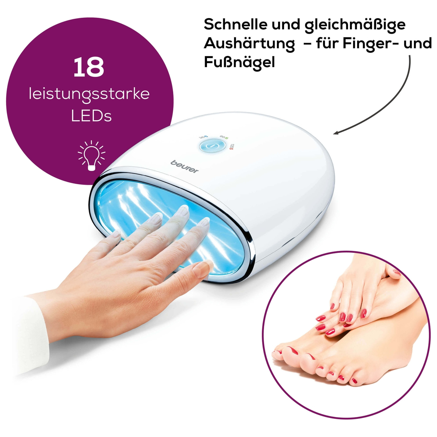 Beurer LED/UV-Nageltrockner - MP 48-Schnelles und gleichmäßiges Aushärten von Gelen mit der LED-UV-Nagellampe