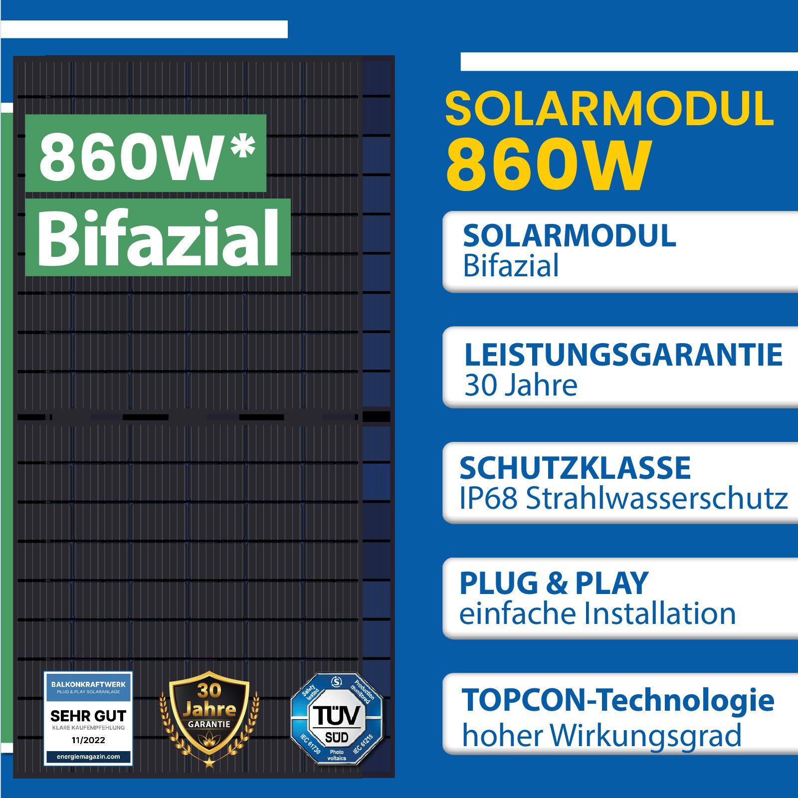 EPP.Solar Solaranlage 860W Photovoltaik Sunpro Bifacial Monokristalline Balkonkraftwerk, Hoymiles HMS-800-2T (Die Freigabe der Verbindung für 2 Module) Upgradefähiger WLAN Mikrowechselrichter, Wasserdichtigkeitsklasse, Antireflexbeschichtung, Stecker
