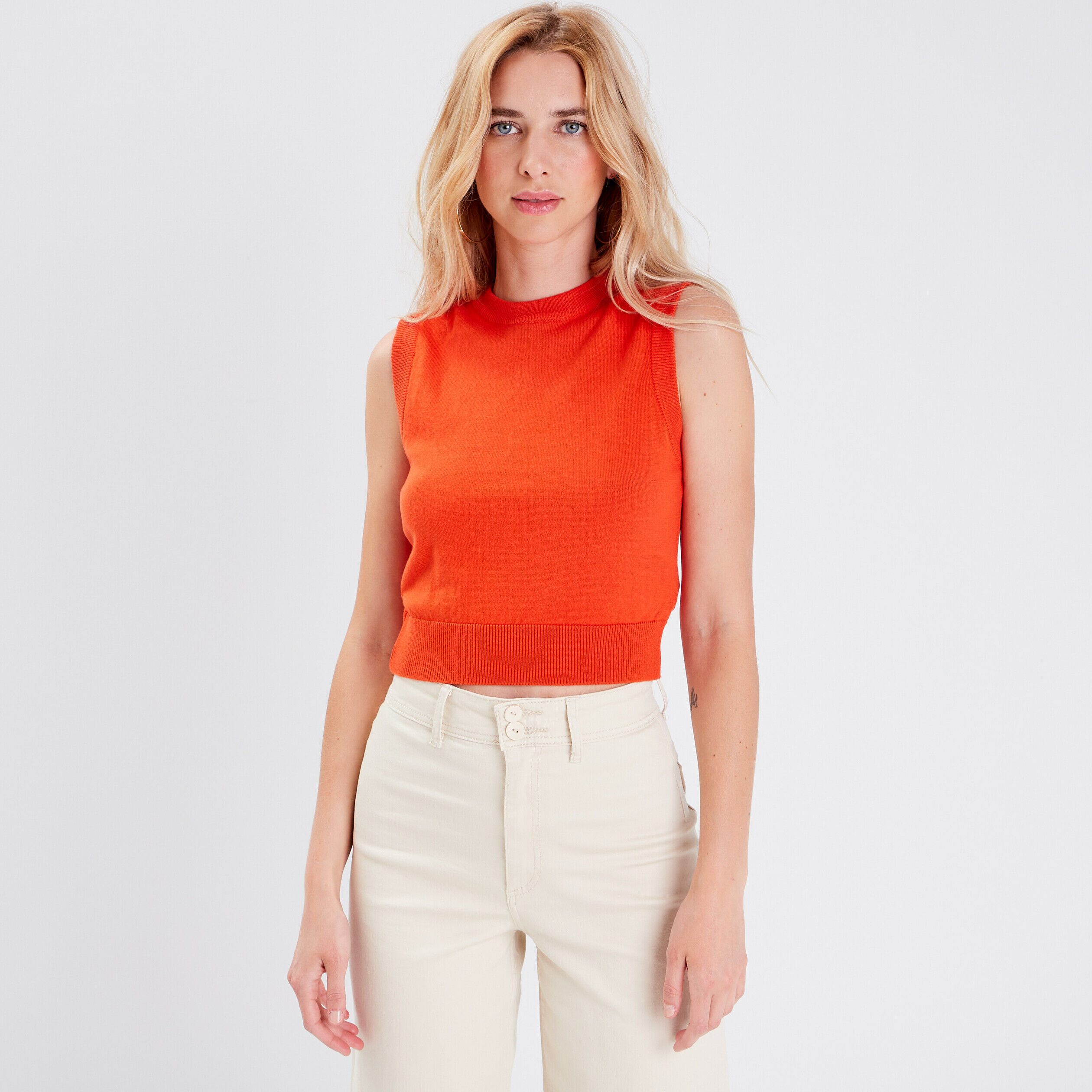 Pull débardeur sans manches orange femme | Cache Cache