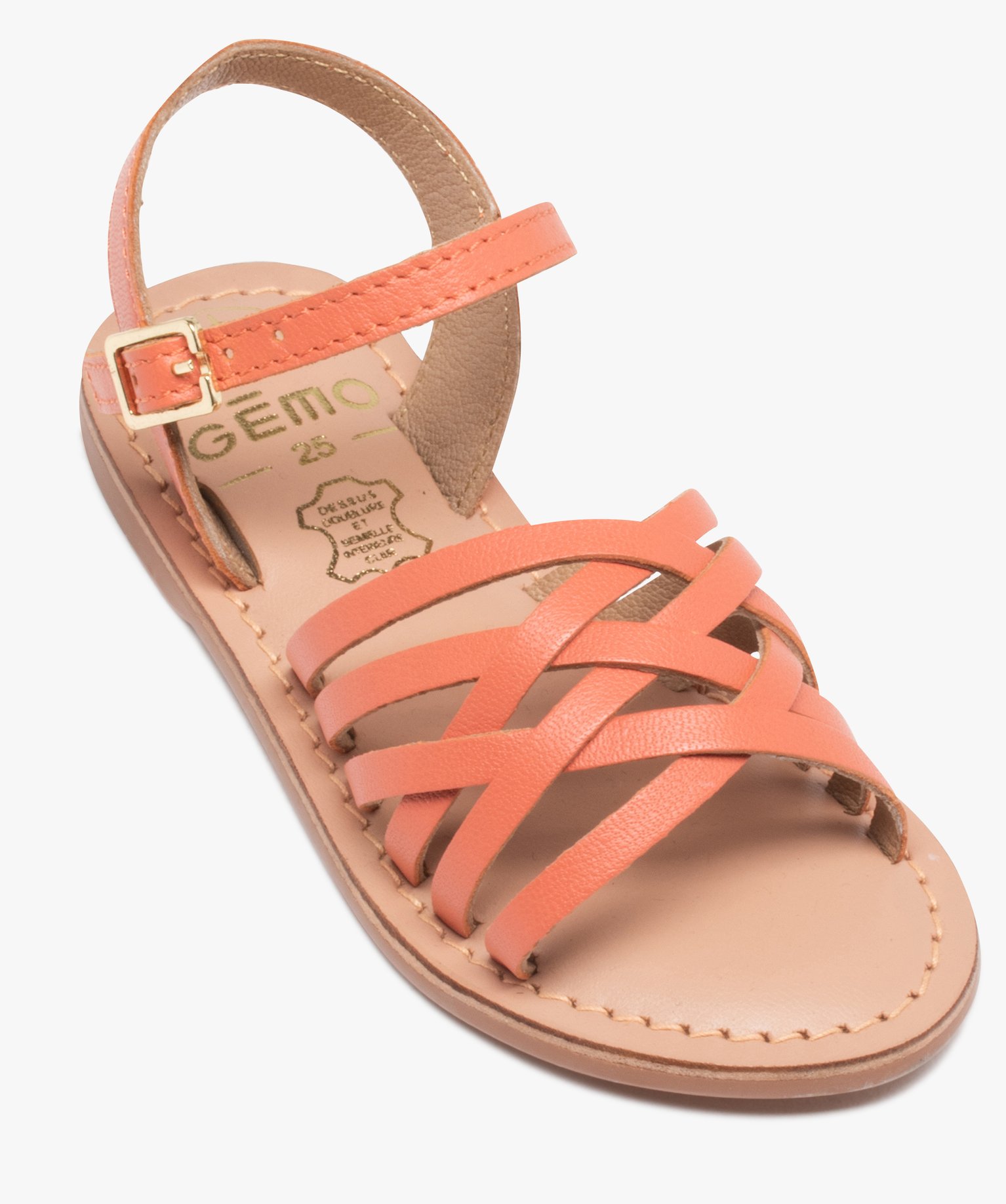 Sandales fille unies à fines brides entrelacées en cuir rose | GEMO
