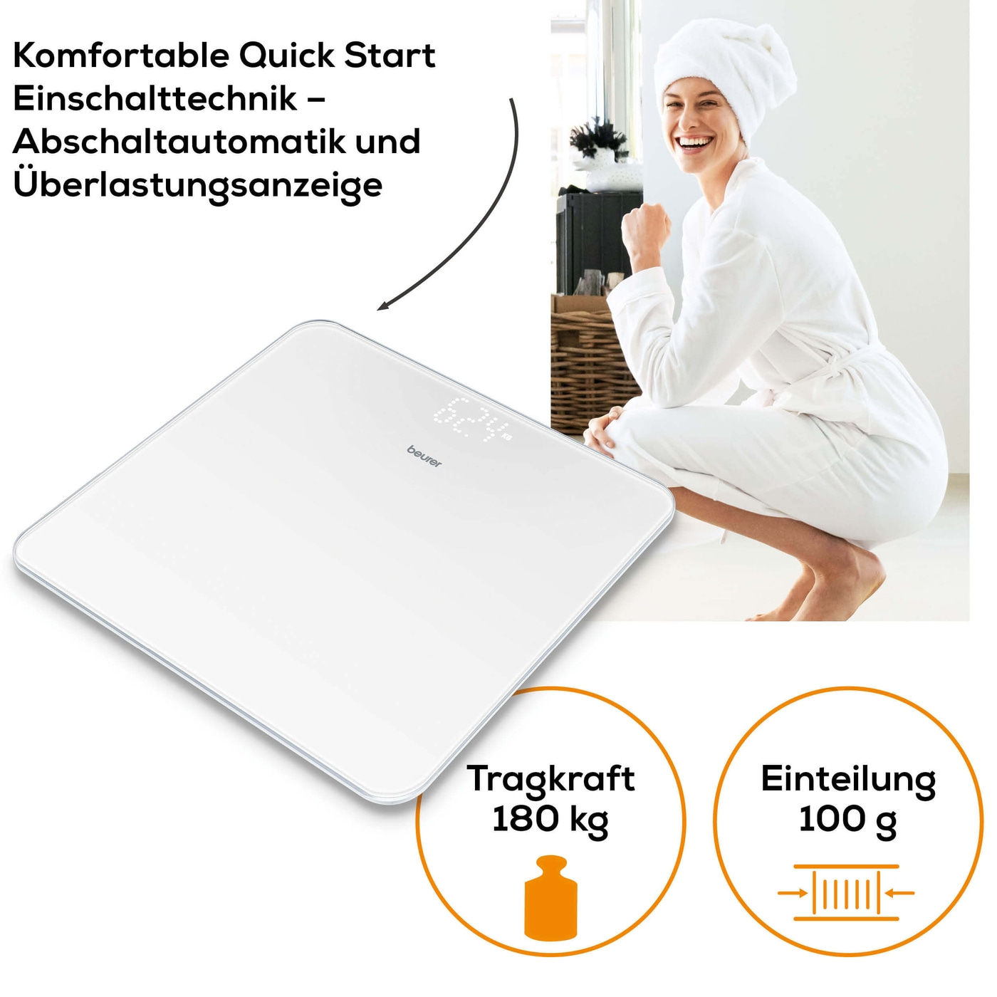 Beurer Glaswaage - GS 225-Personenwaage aus Glas mit unsichtbarem Magic-Display - bis 180 kg
