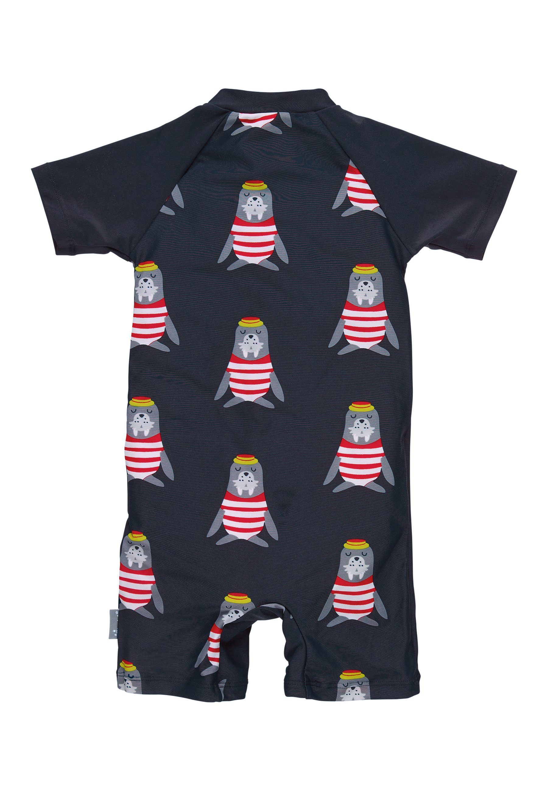 Sterntaler® Badeanzug Schwimmanzug uni + Robben Kinderbadeanzug - Schwimmanzug Jungen mit Windeleinsatz bis Größe 86/92 - Baby Badebekleidung - Badeoverall Baby in Marine mit Robben Motiv und kurzem Arm - Kinderbademode mit UV-Schutz 50+