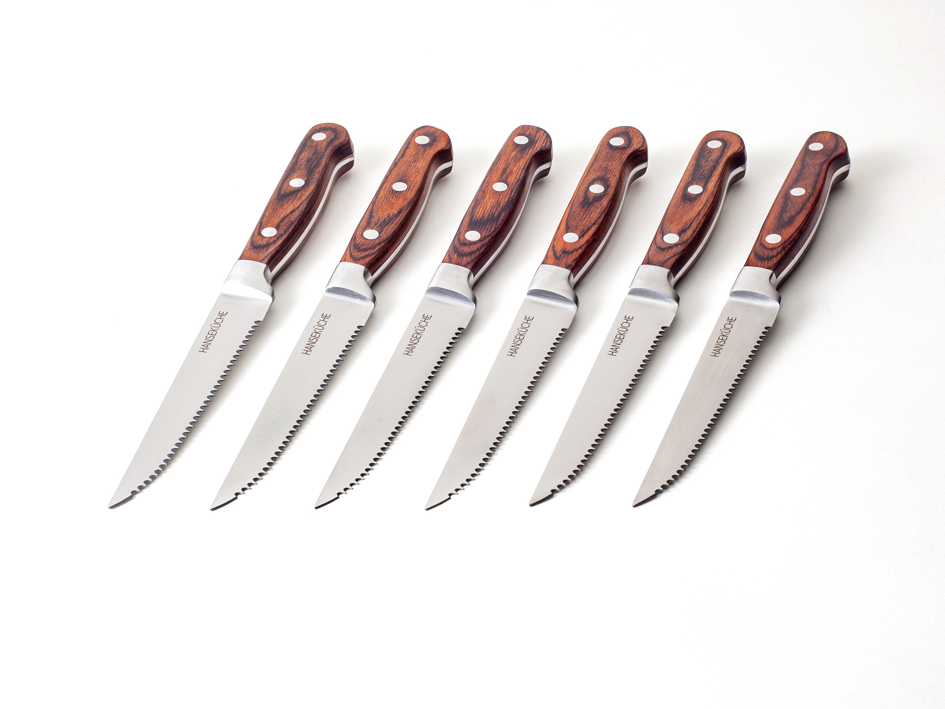 Hanseküche Steakmesser Steakmesser 6er Set – mit Holzgriff (Braun) (6 Stück), Modernes Design, Geschenkbox