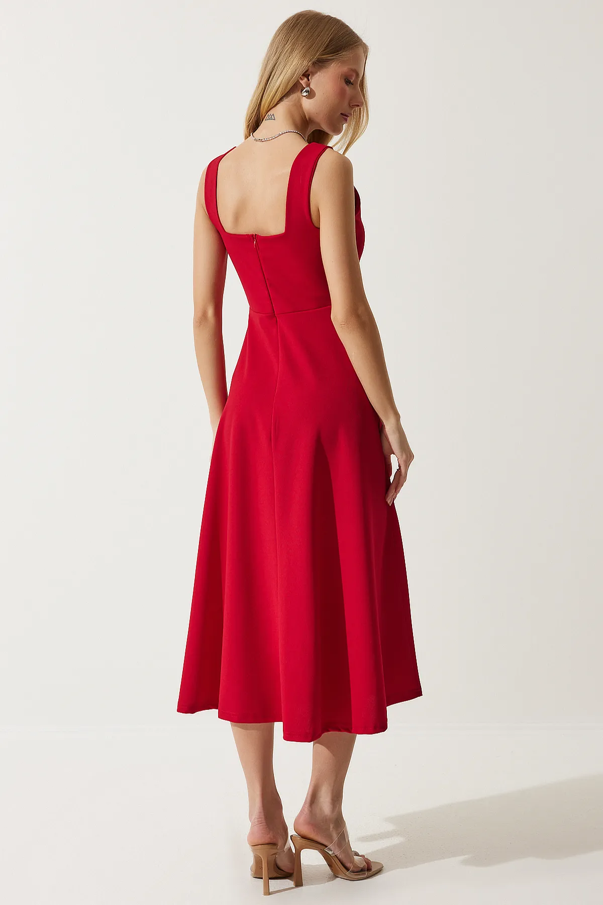 Happiness İstanbul  Rotes A-Linien-Kleid mit quadratischem Kragen für Damen DK00169