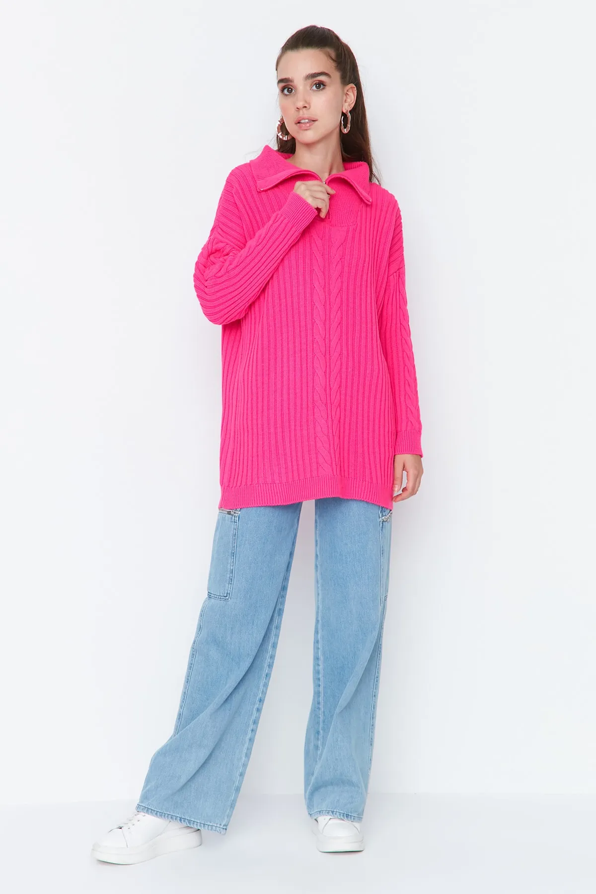 Trendyol Modest  Fuchsia Thessaloniki Gestrickter Strickpullover mit Reißverschluss TCTAW23AK00017