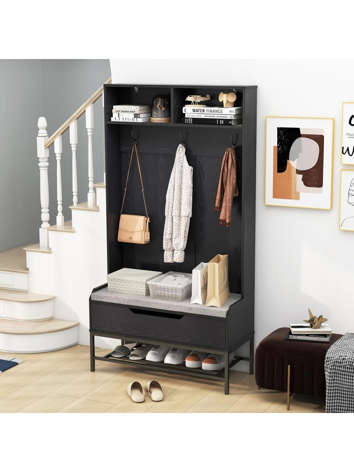COSTWAY Garderobenständer mit Sitzbank 90 x 38,5 x 170 cm in Schwarz günstig kaufen onesize