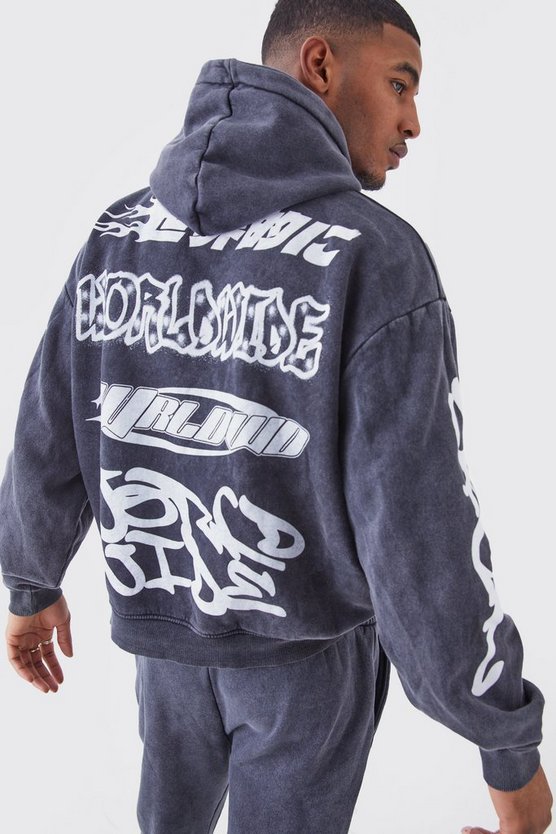 Tall kastiger gerippter Oversize Trainingsanzug mit Print und Kapuze