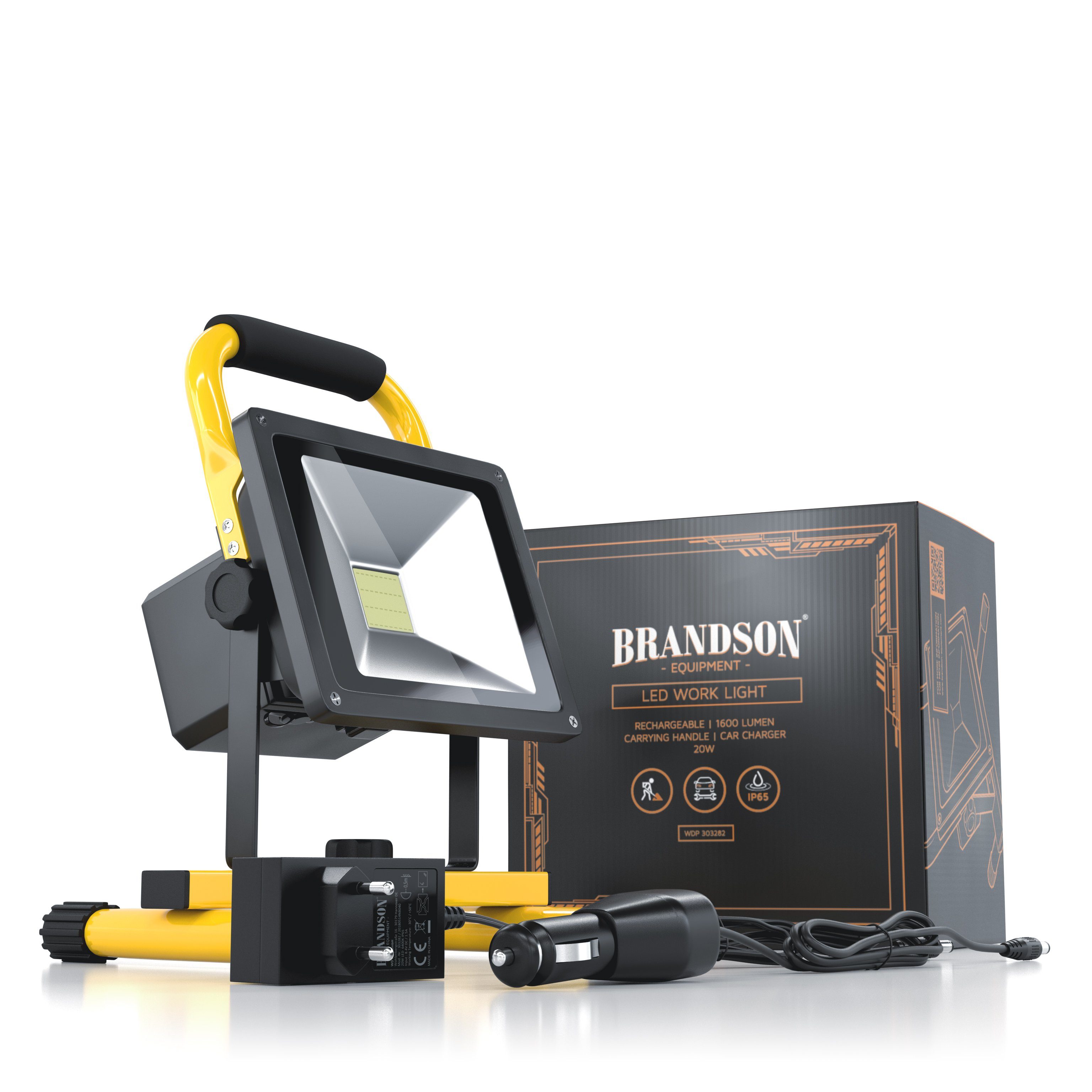 Brandson Baustrahler, Akku, 20W LED Baulampe mit Standgestell & Tragegriff für Innen & Außen