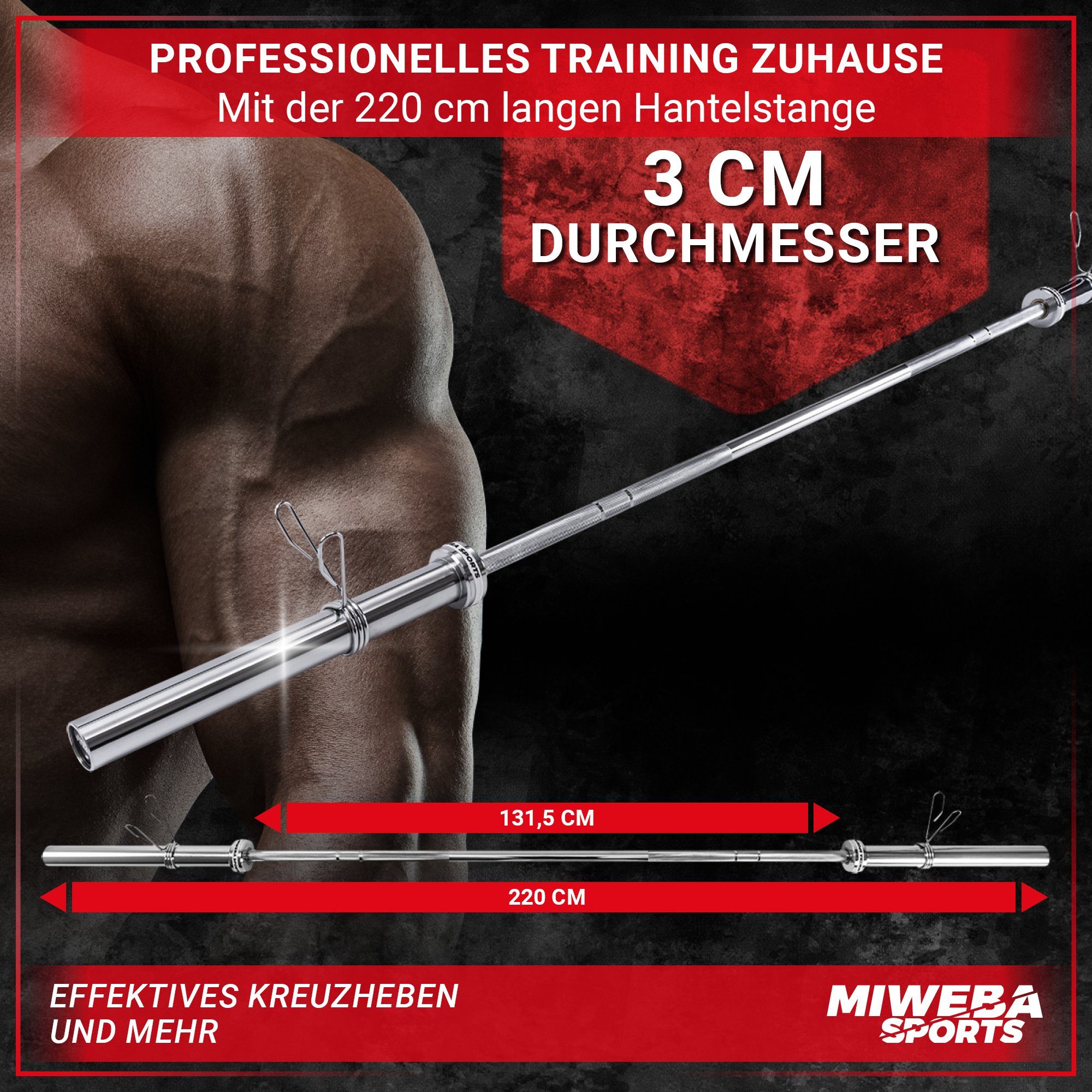 Miweba Sports Langhantelstange Profi Langhantel Stange Olympia LH601 inkl. Federverschlüsse, Stahl, 220,00 cm (Workout, Training, Ganzkörpertraining, Muskelaufbau, Krafttraining, Hanteltraining, 3-tlg., Ø 50mm, 220.0 x 7.5 x 7.5 cm, 320 kg max. Belas
