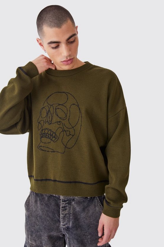 Oversized Boxy Line Drawing Contrast Stitch Jumper