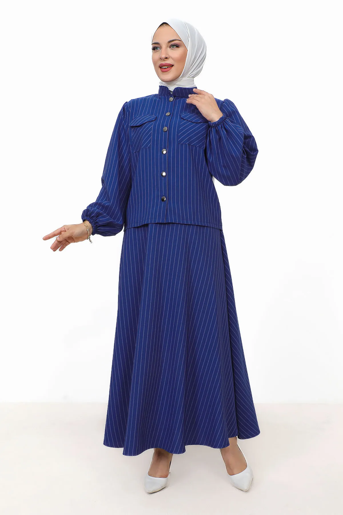Tesettür Dünyası  Hira gestreifter Rockanzug TSD231203 Saks Blue
