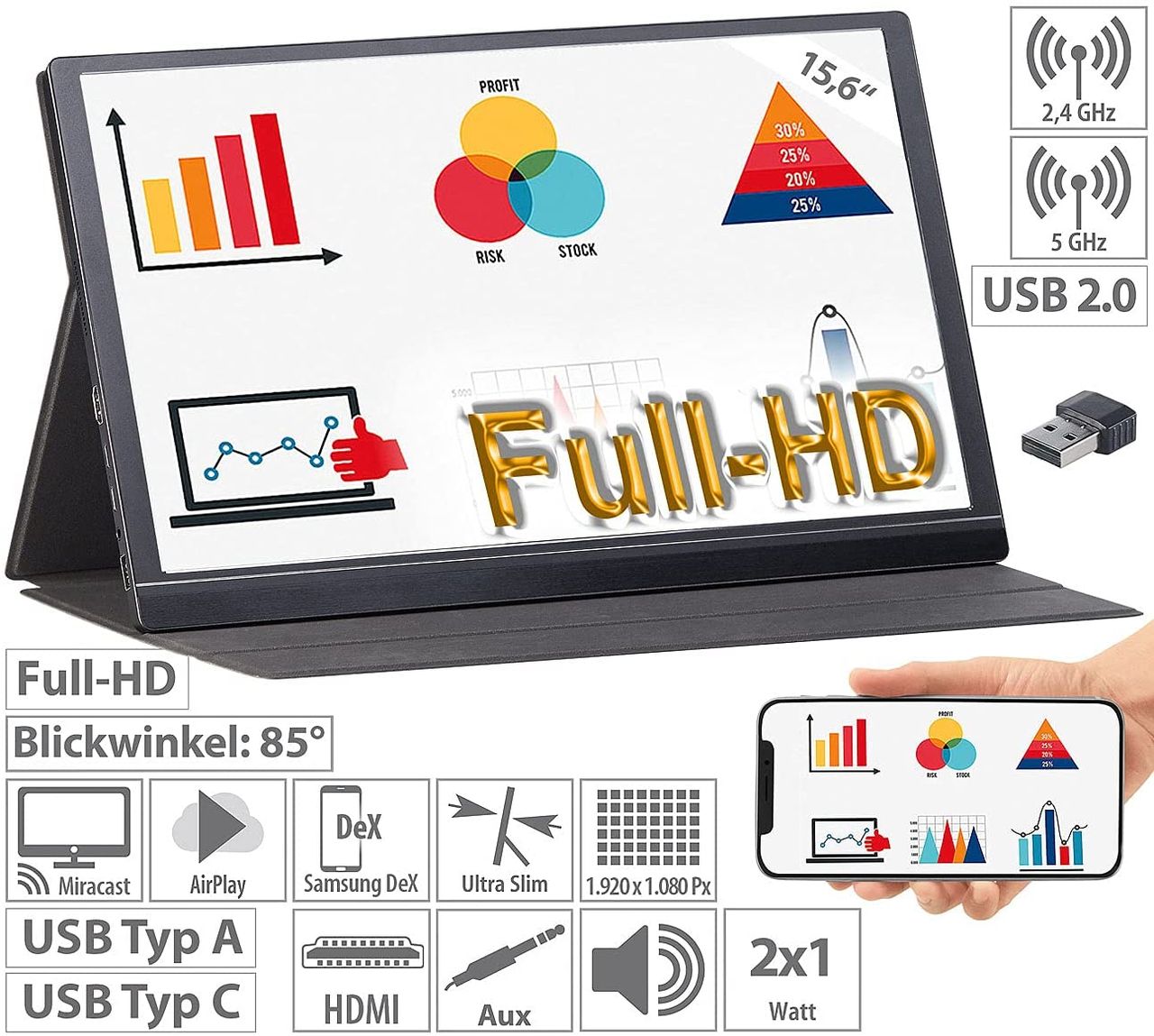 auvisio EZM-210 (ZX-5076-675)   WLAN-Stick Tragbarer Monitor Mobiler Full-HD-IPS-Monitor, 39,6 cm 15.6