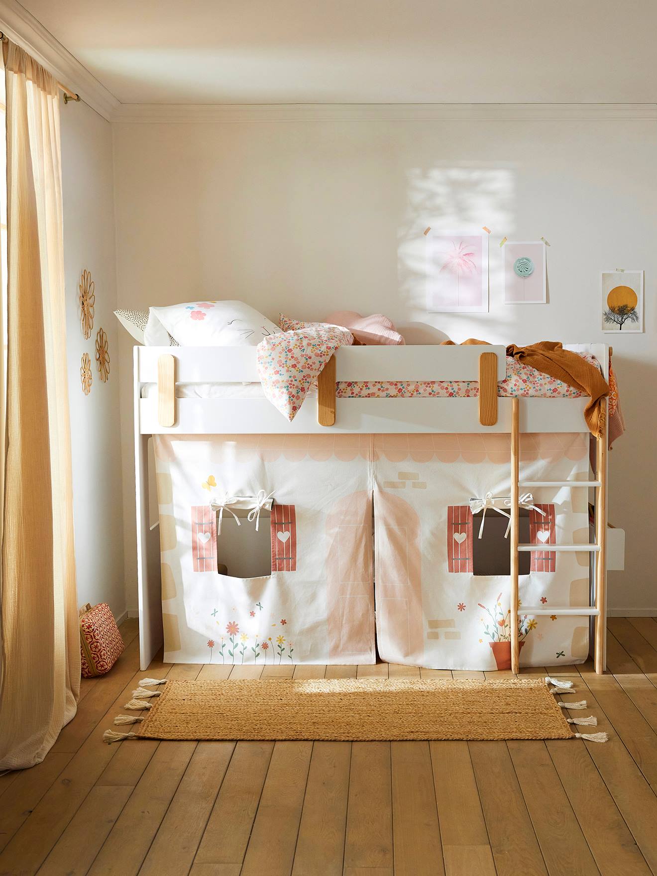 Vertbaudet Kinderzimmer Bettvorhang Cottage für Hochbett EVEREST - weiß bedruckt