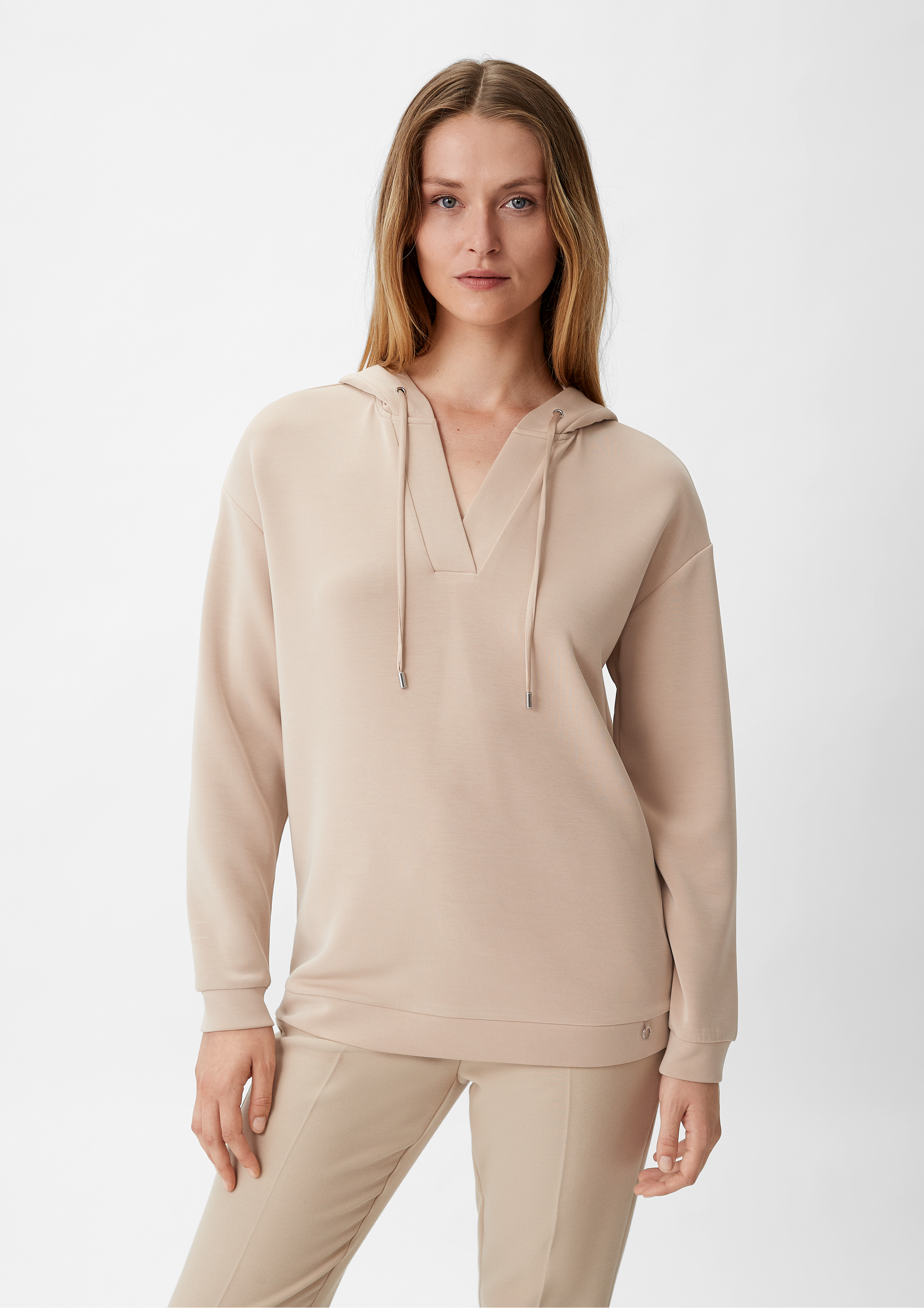 Sweatshirt mit tiefem V-Ausschnitt - helles beige