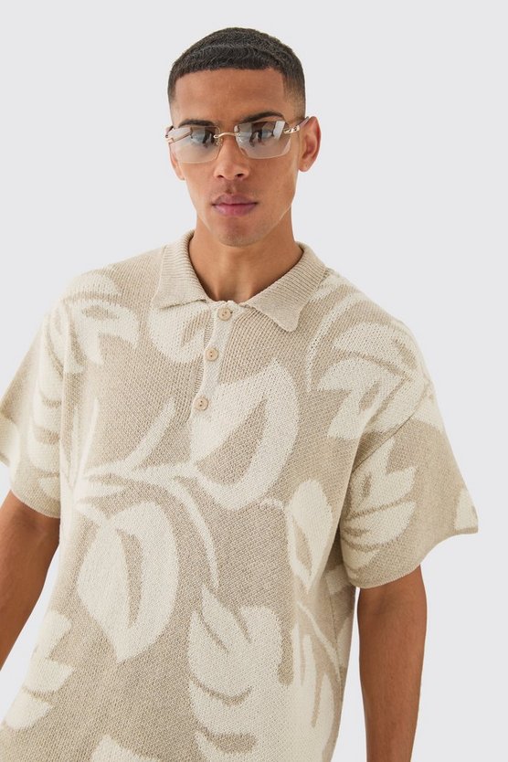 Oversized Boxy Tonal Jacquard Floral Knit Polo