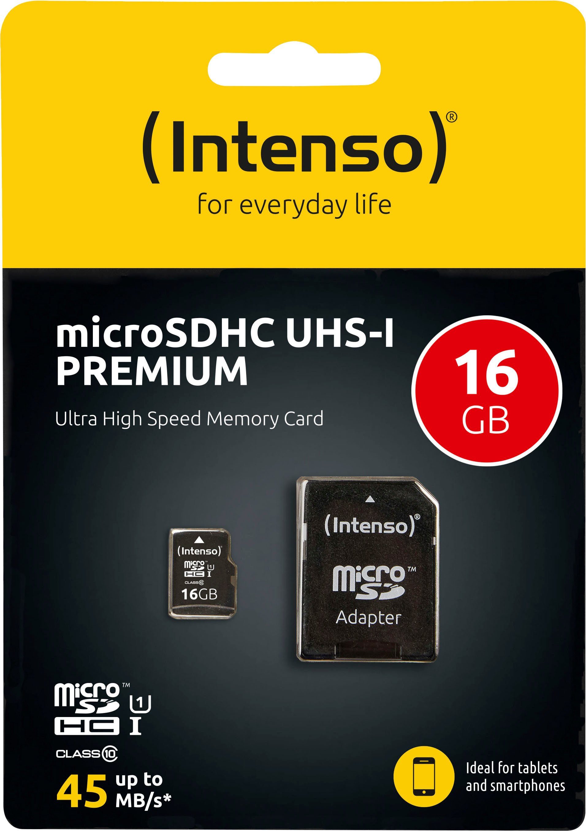 Intenso microSDHC UHS-I Premium + SD-Adapter Speicherkarte (16 GB, 45 MB/s Lesegeschwindigkeit)